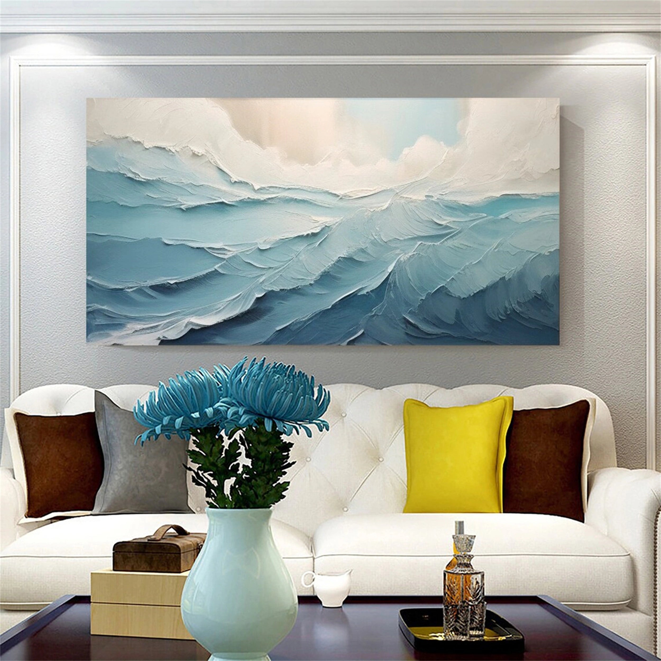 Large  Blue Sea Abstract Waves Painting Wall Art - Ocean Painting #JJ 241