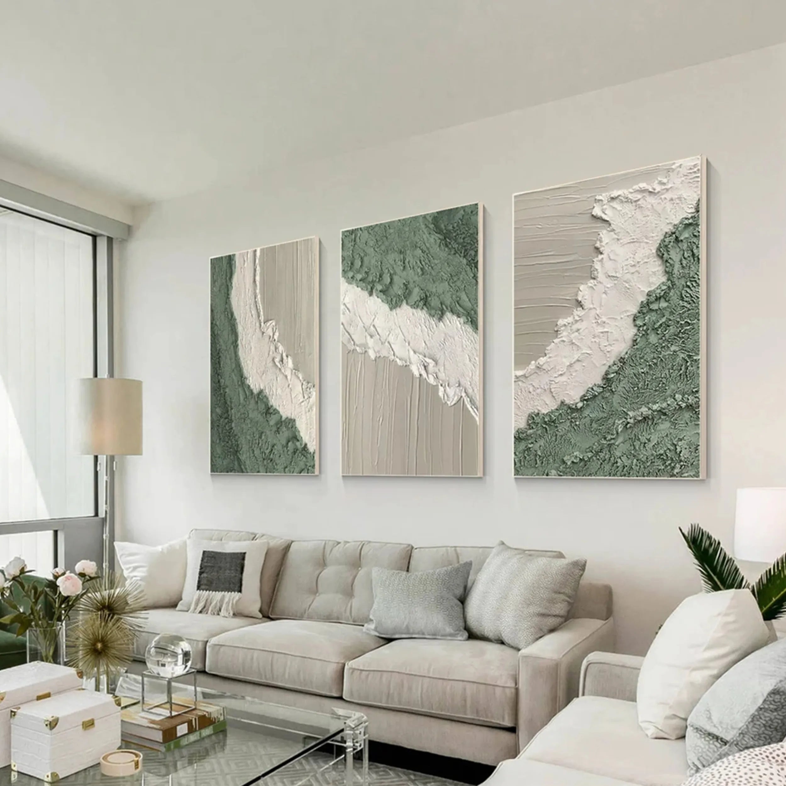 3 Piece Green and White Modern Wall Art for Living Room #JJ 212
