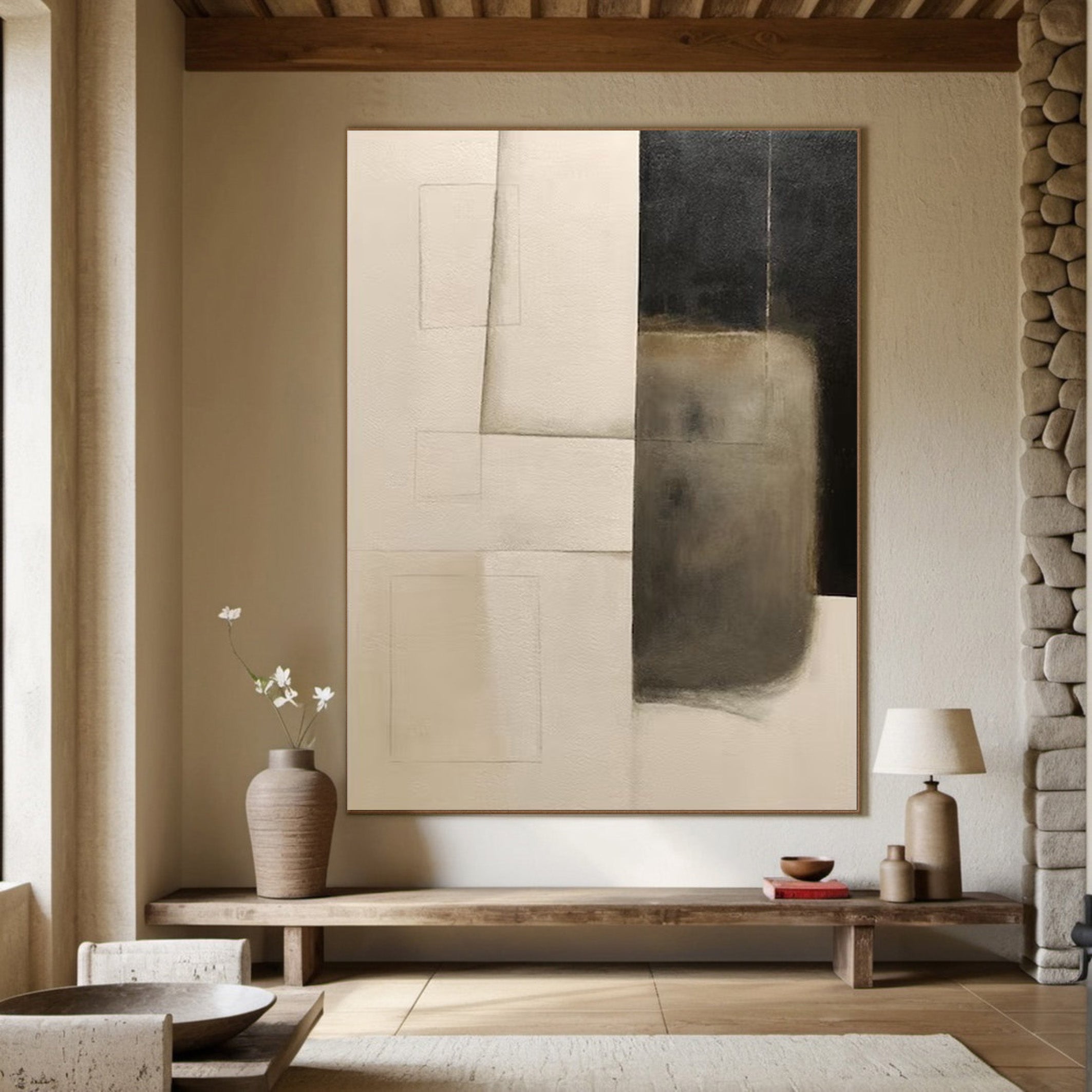 Large Minimalist Abstract Art - Hand-Painted Geometric Oil Painting