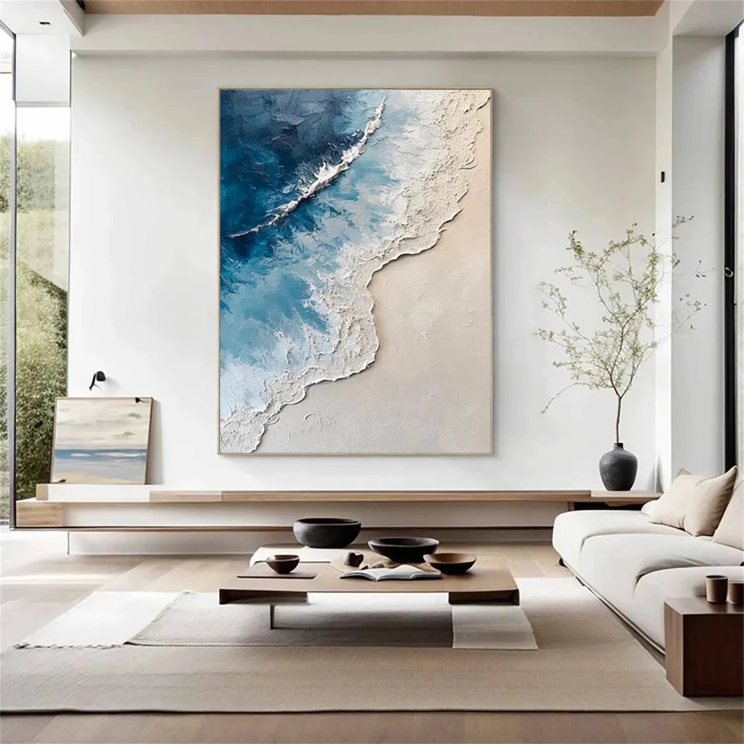Calm Coastal Sand and Sea Textured Abstract - Blue and White Minimalist Oil Painting # JJ 136
