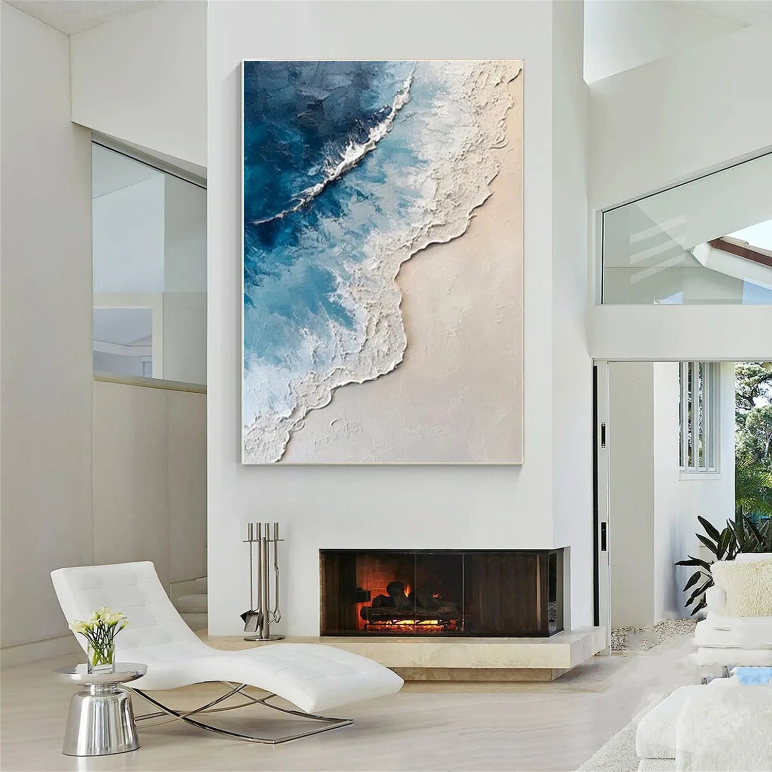 Calm Coastal Sand and Sea Textured Abstract - Blue and White Minimalist Oil Painting # JJ 136