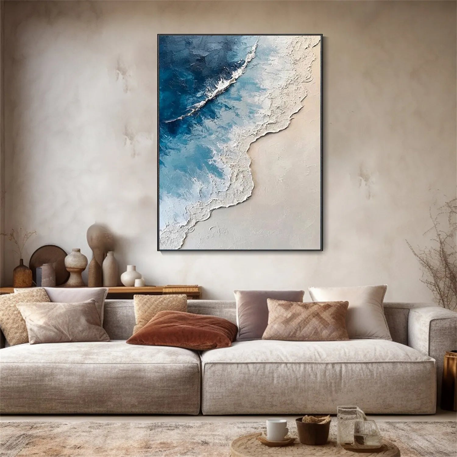 Calm Coastal Sand and Sea Textured Abstract - Blue and White Minimalist Oil Painting # JJ 136