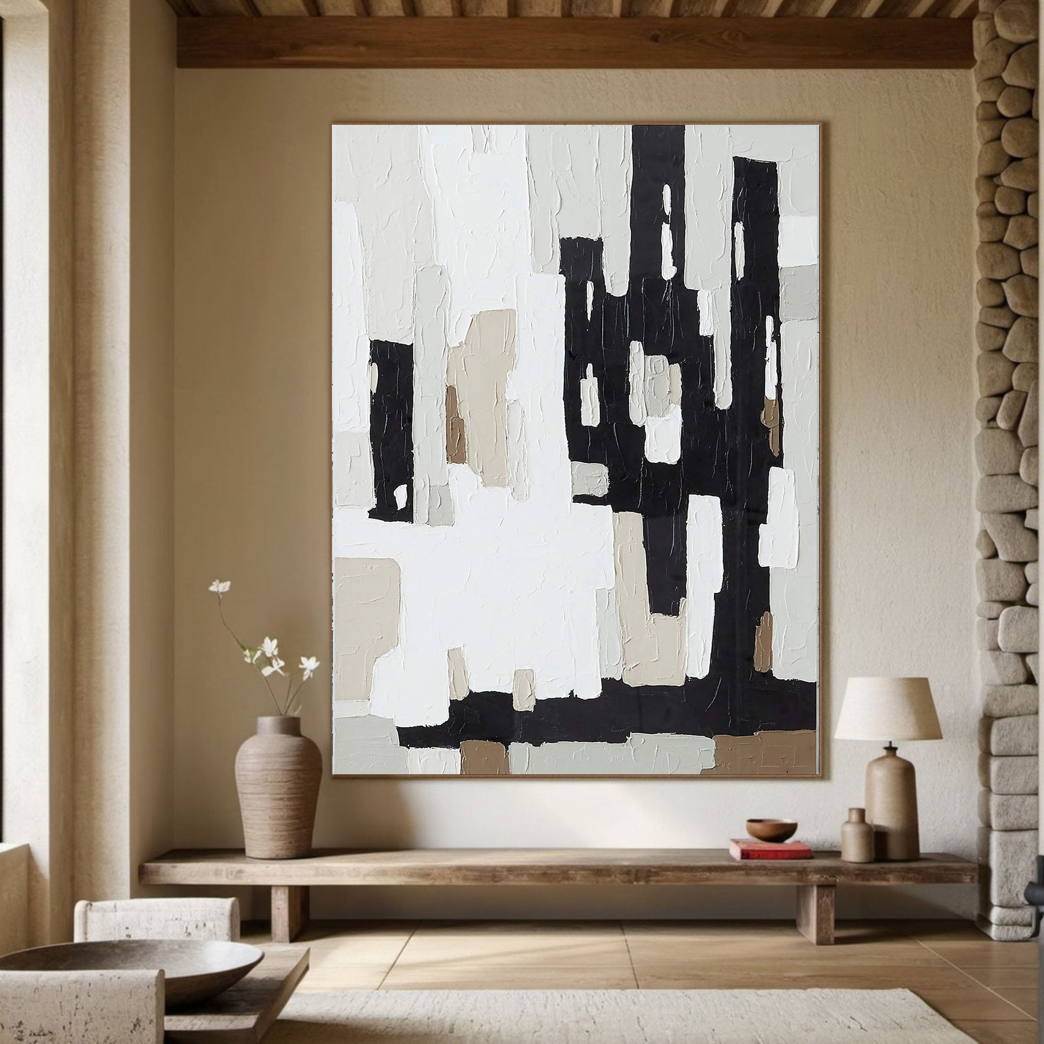 Textured Abstract Art - Black and White Modern Painting #TC 114