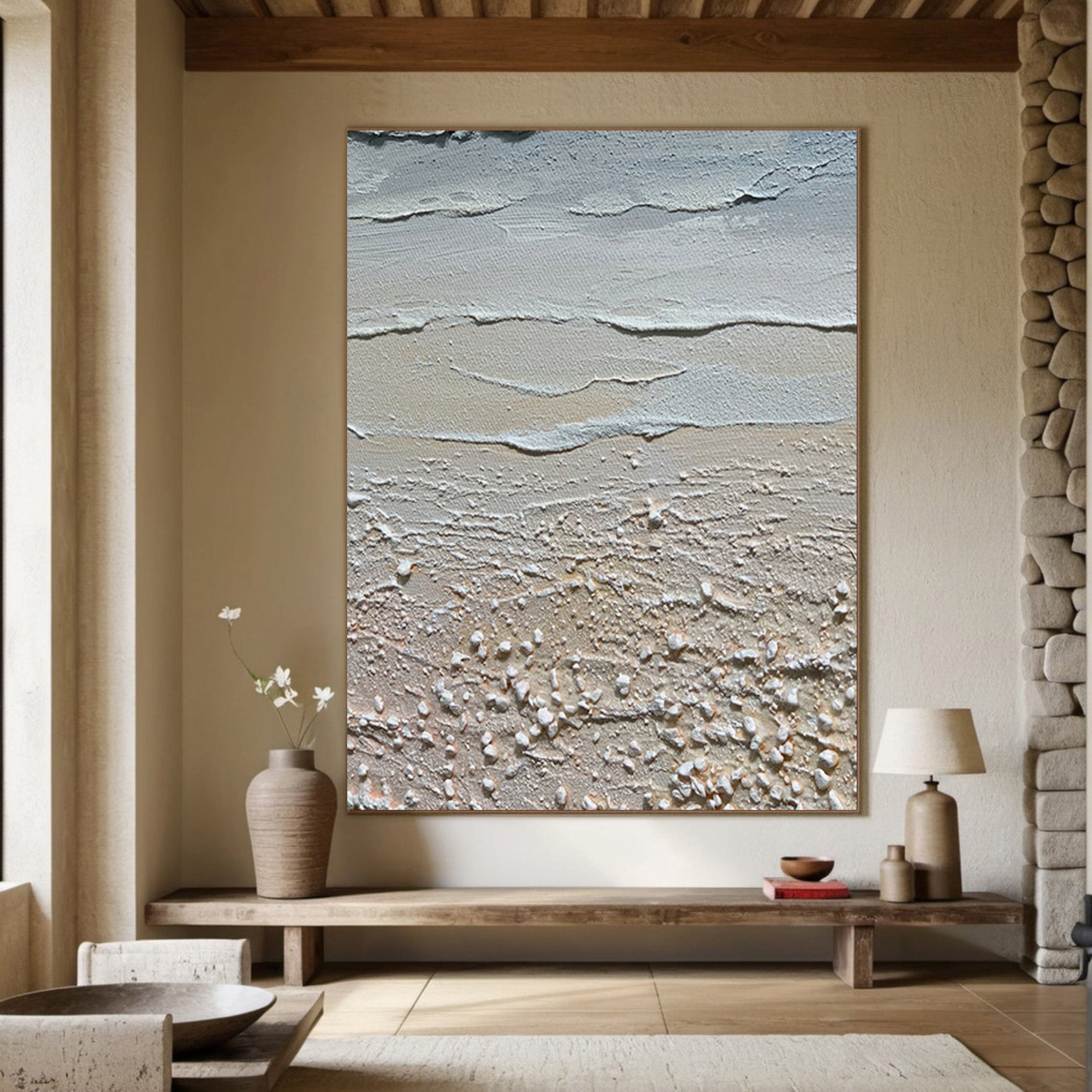 Neutral Coastal Abstract Painting | Textured Beige & White Wall Art