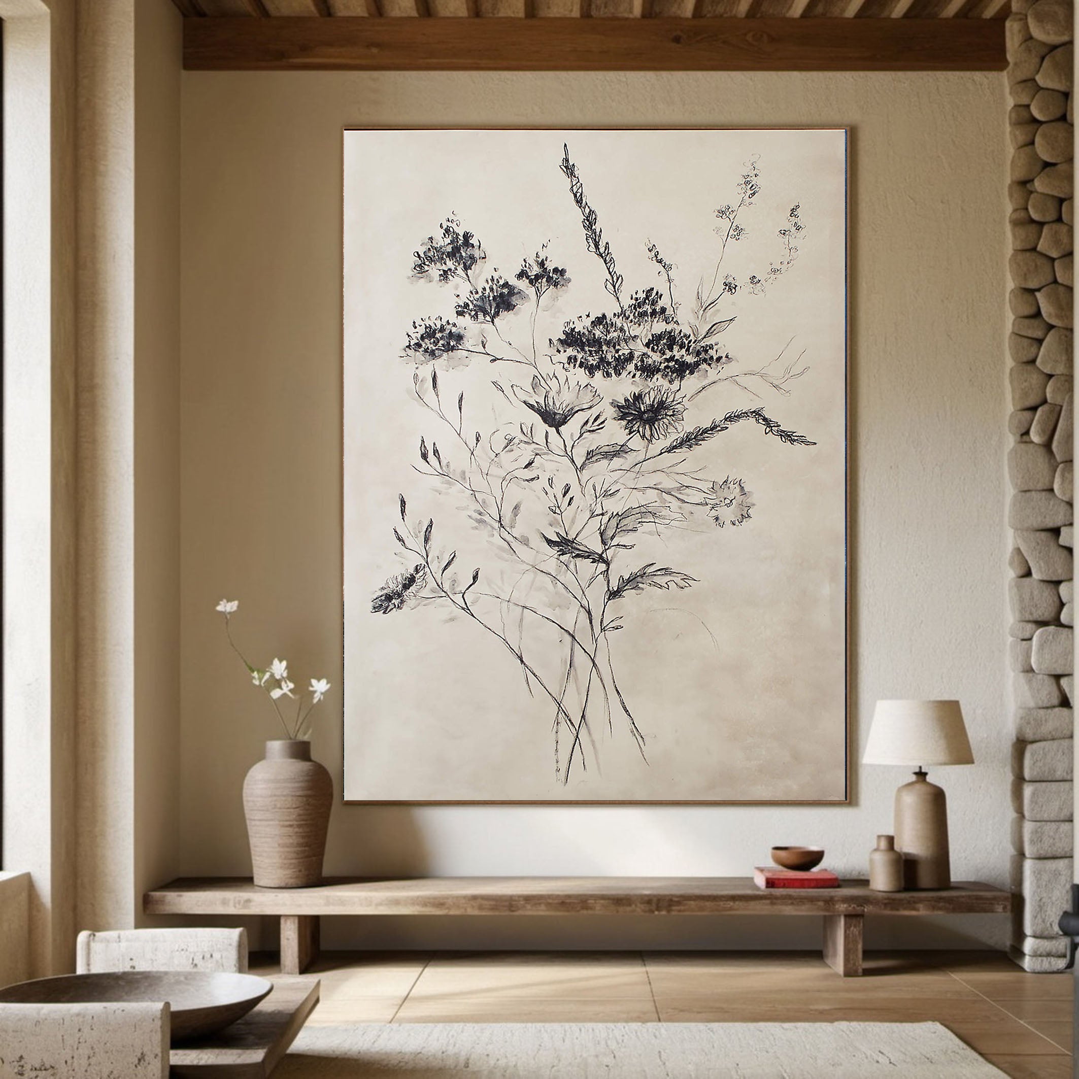 Large Botanical Wall Art - Floral Sketch Style