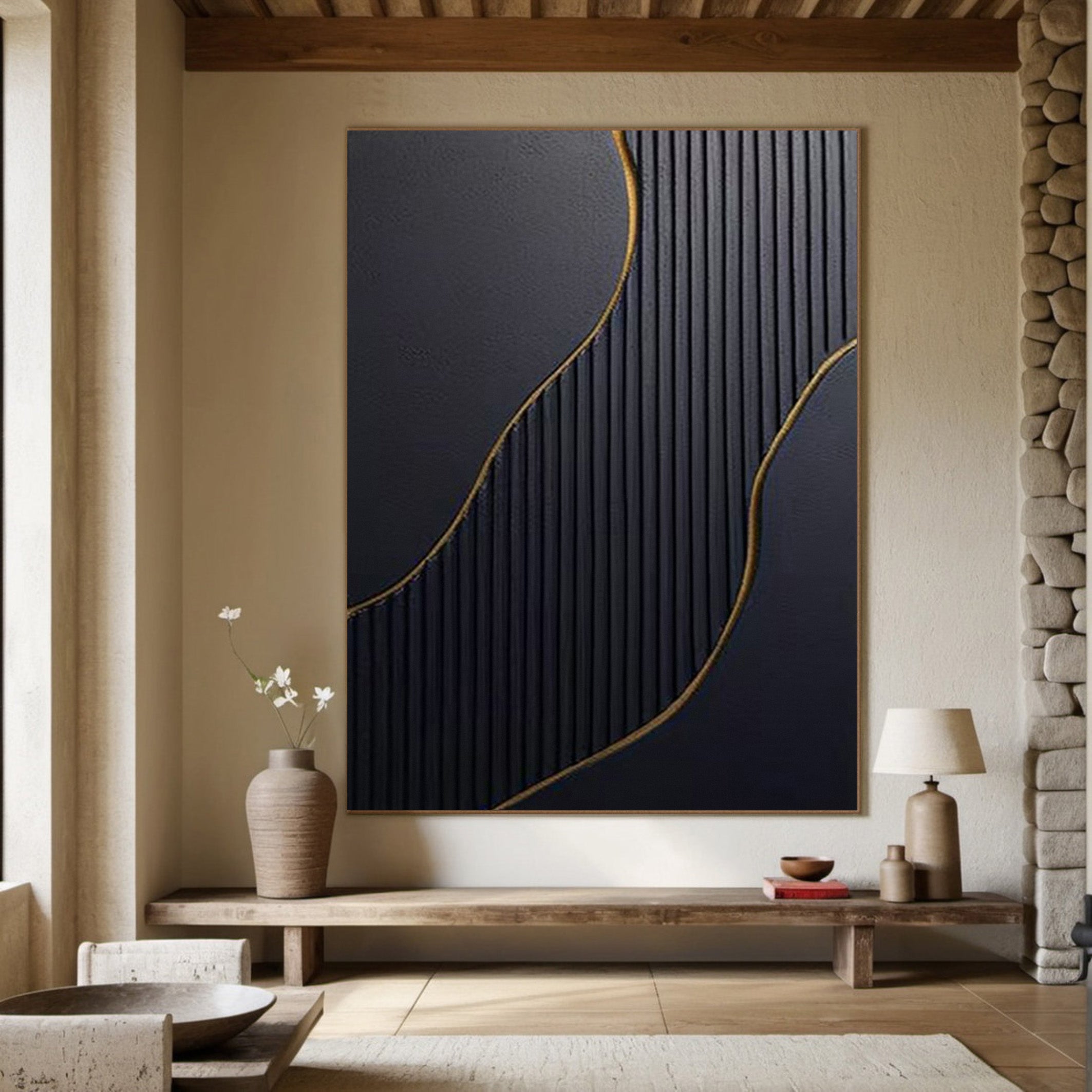 Black and Gold Textured Abstract Oil Painting - Modern Luxury Art #JJ 057