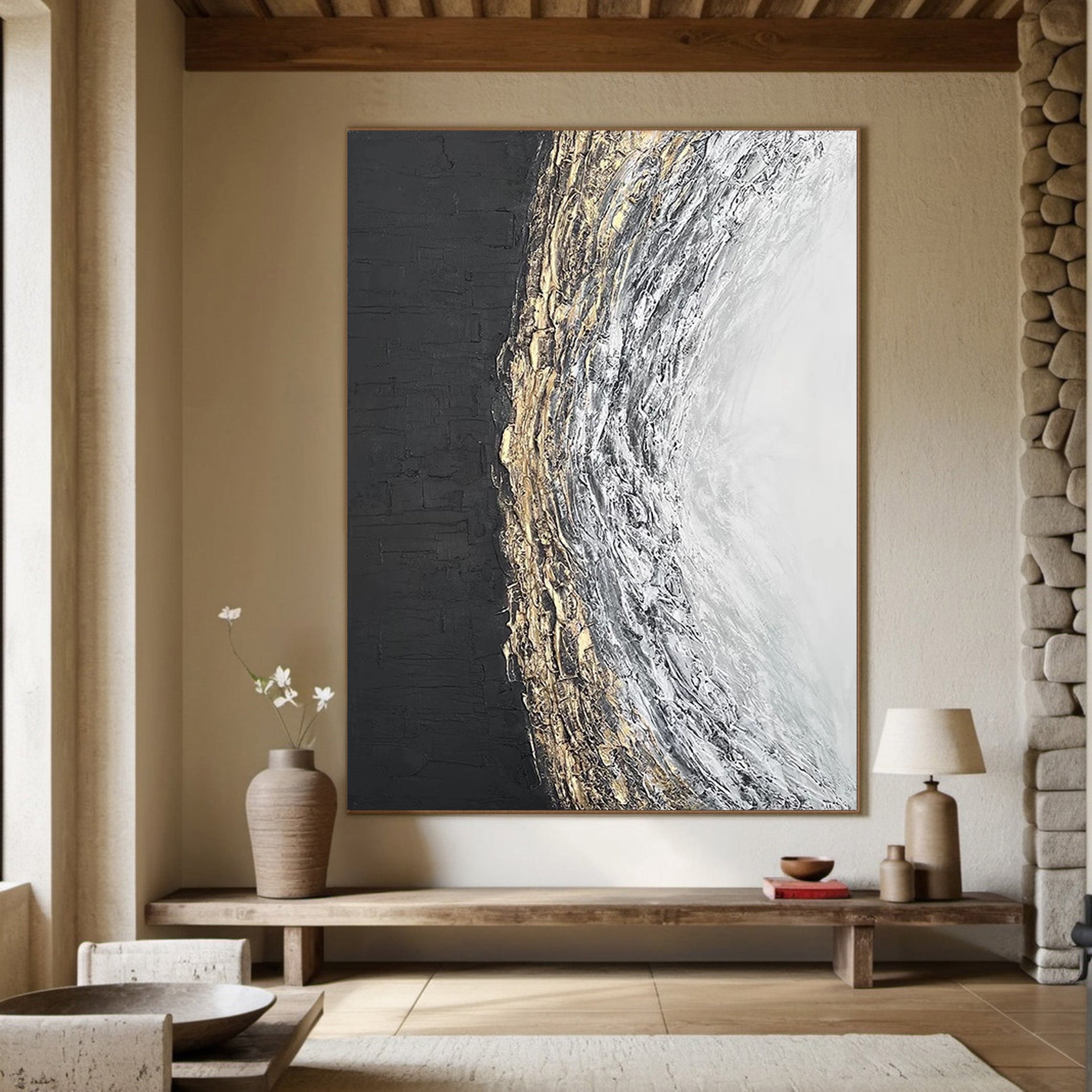 Black White Gold Textured Abstract Oil Painting - Modern Art #JJ 063