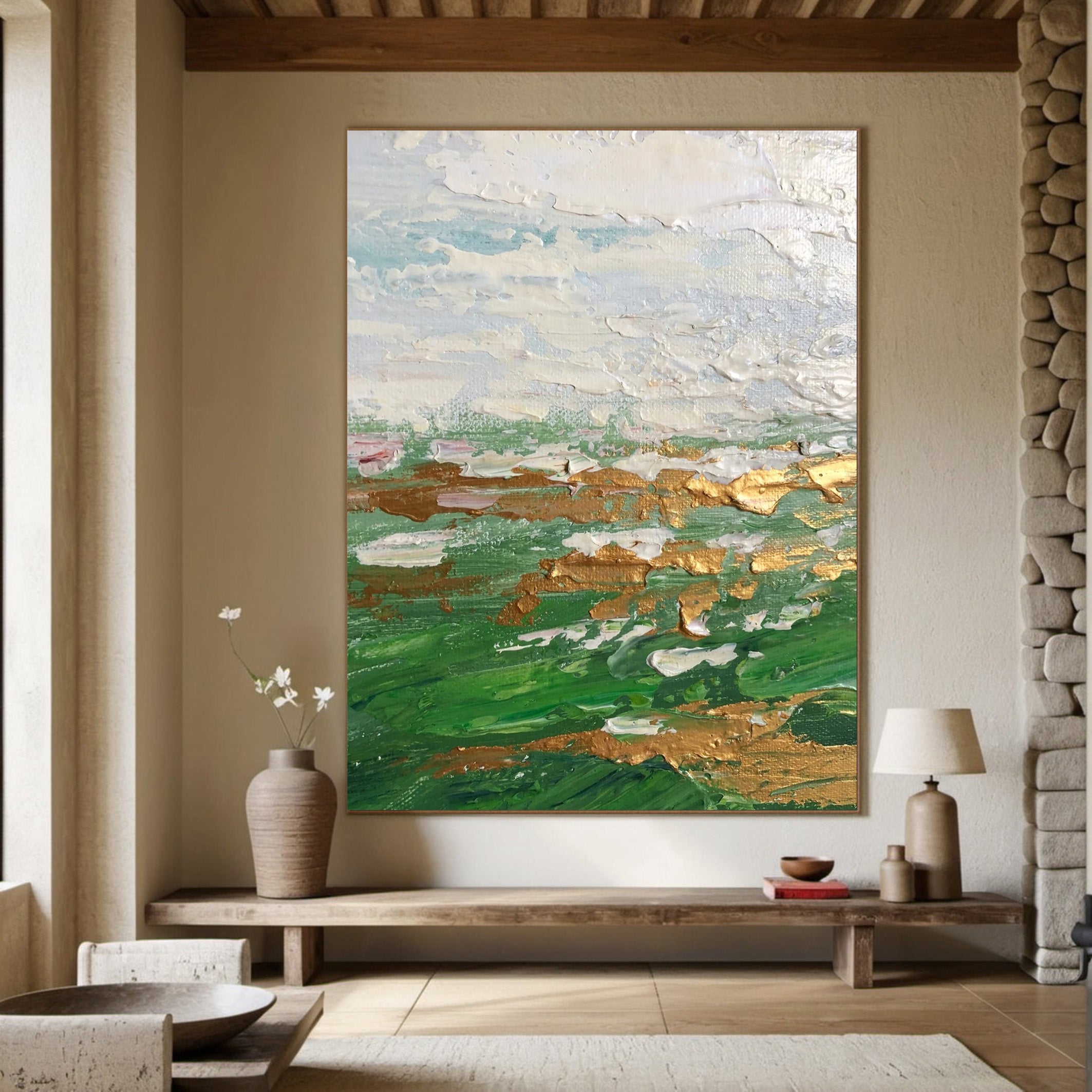 Abstract Green Landscape Painting with Gold Leaf | Textured Wall Art