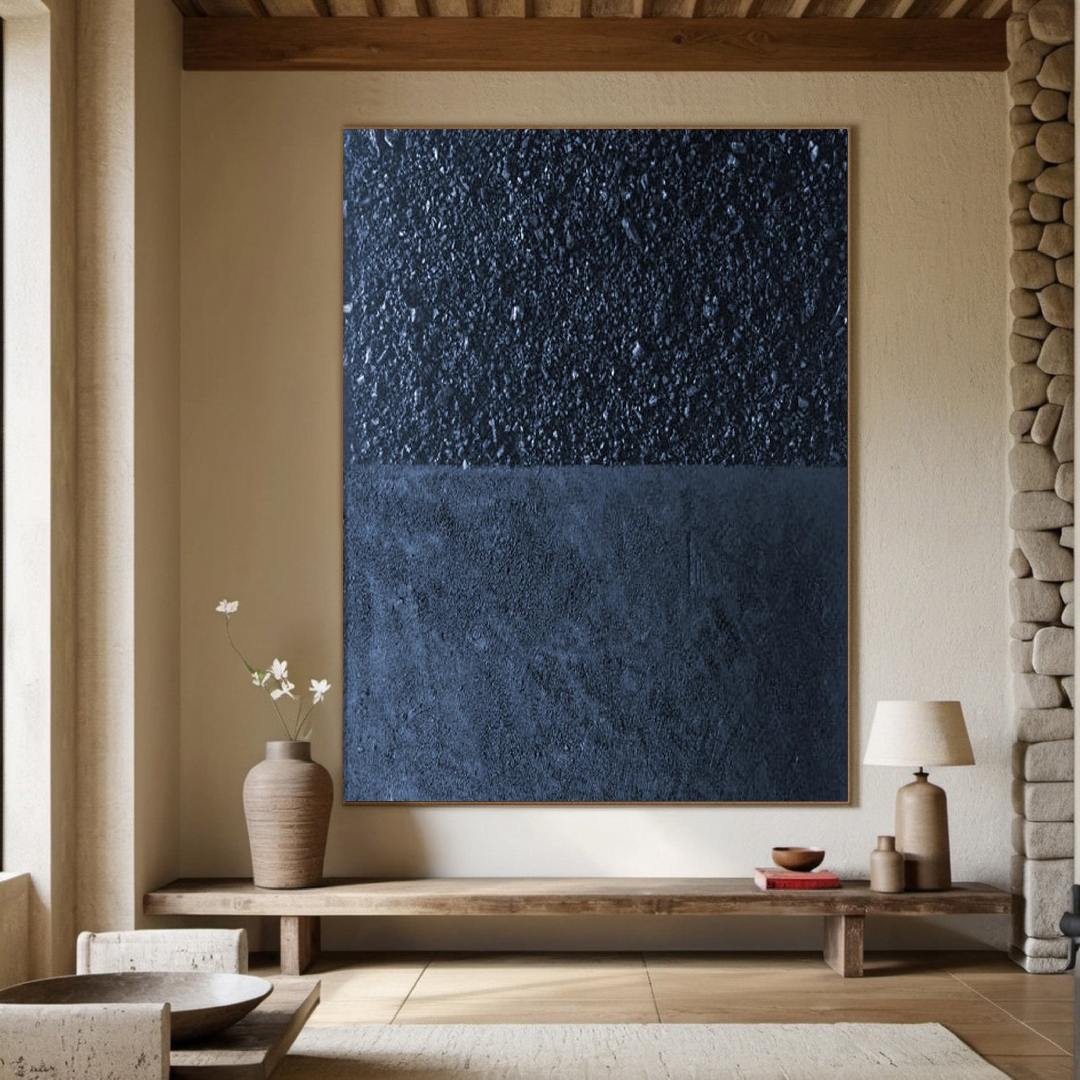 Deep Blue Textured Abstract Oil Painting - Modern Minimalist Art #JJ 062