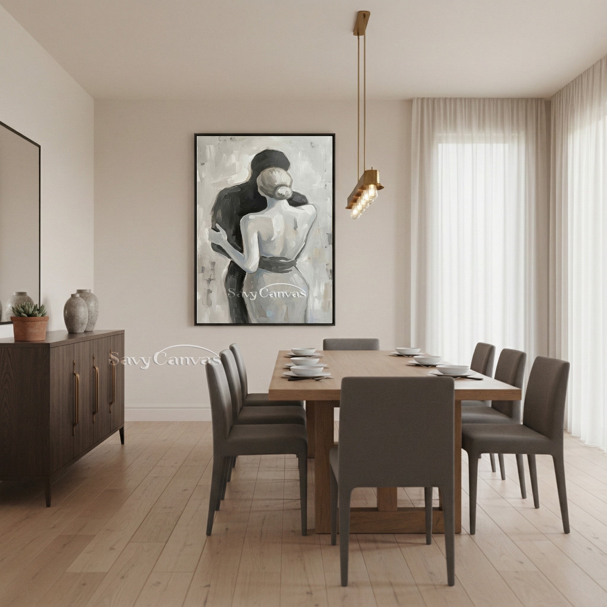Abstract Lovers Silhouette Oil Painting | Minimalist Black & White #SS 153