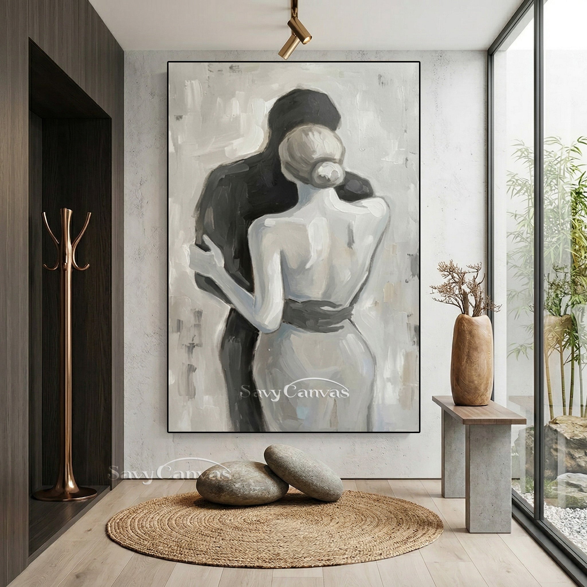 Abstract Lovers Silhouette Oil Painting | Minimalist Black & White #SS 153