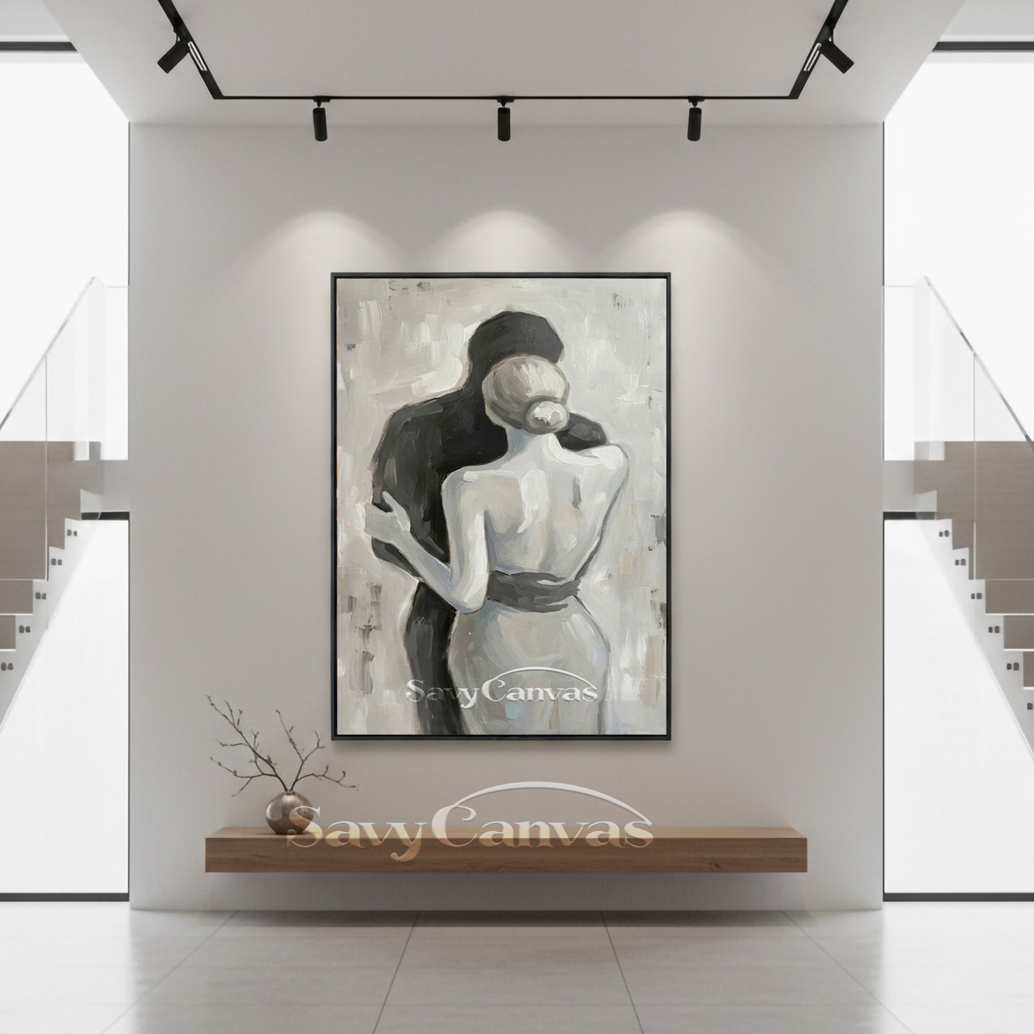 Abstract Lovers Silhouette Oil Painting | Minimalist Black & White #SS 153