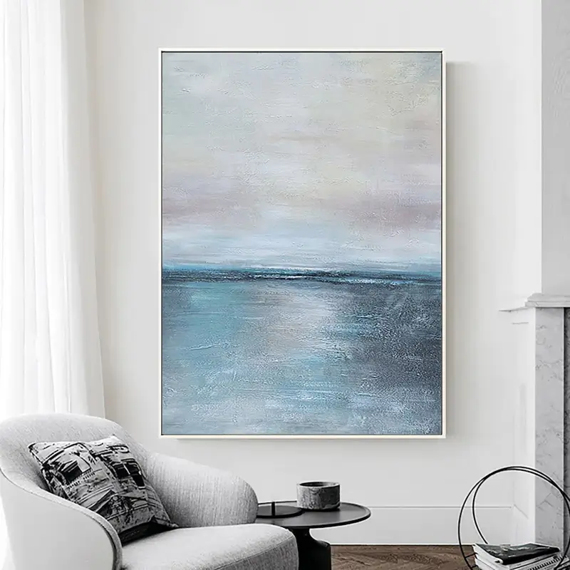 Soft Blue and Beige Ocean Sky Abstract Oil Painting - Modern Serene Art #JJ 123