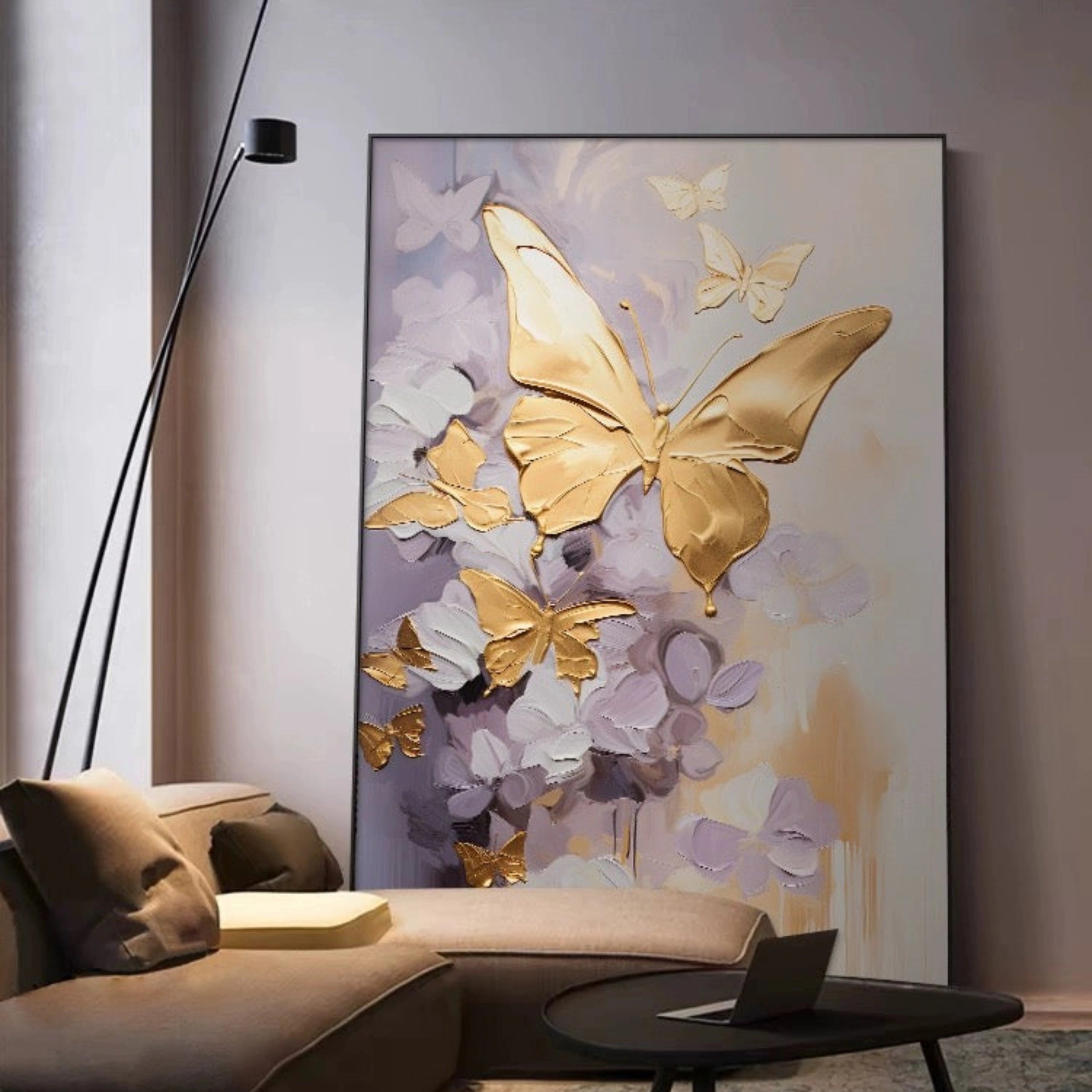 Large Gold Butterfly Purple Floral Canvas Wall Art #ZZ 212