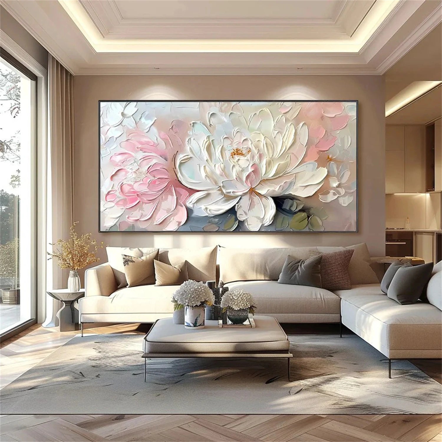 Textured Floral Painting – White & Pink Flower Wall Art #JJ 294