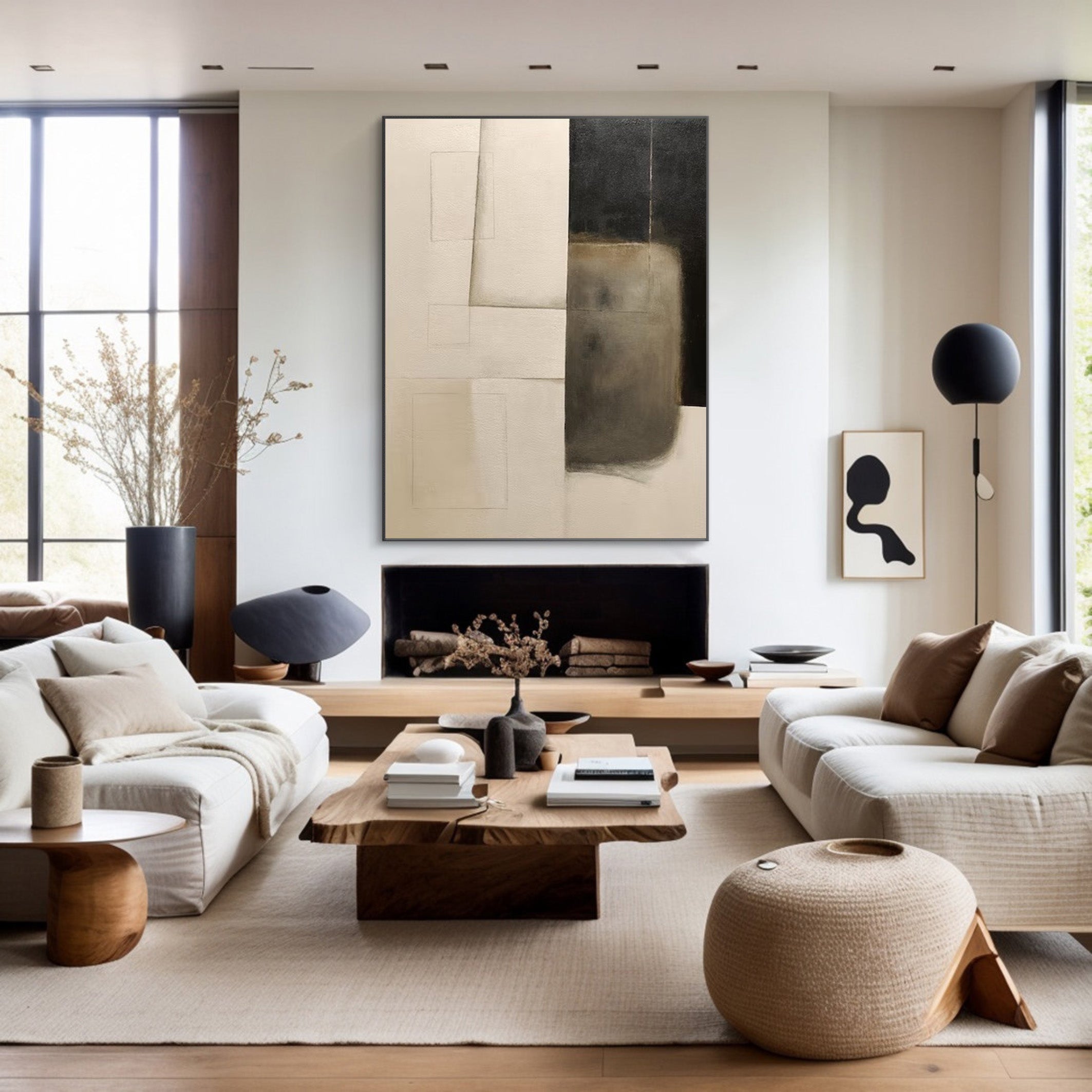 Minimalist Abstract Oil Painting - Beige Black Geometric Canvas Art #JJ 001