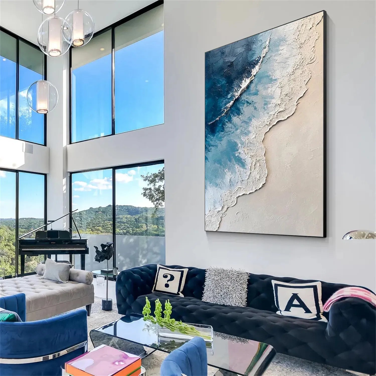 Calm Coastal Sand and Sea Textured Abstract - Blue and White Minimalist Oil Painting #JJ 136