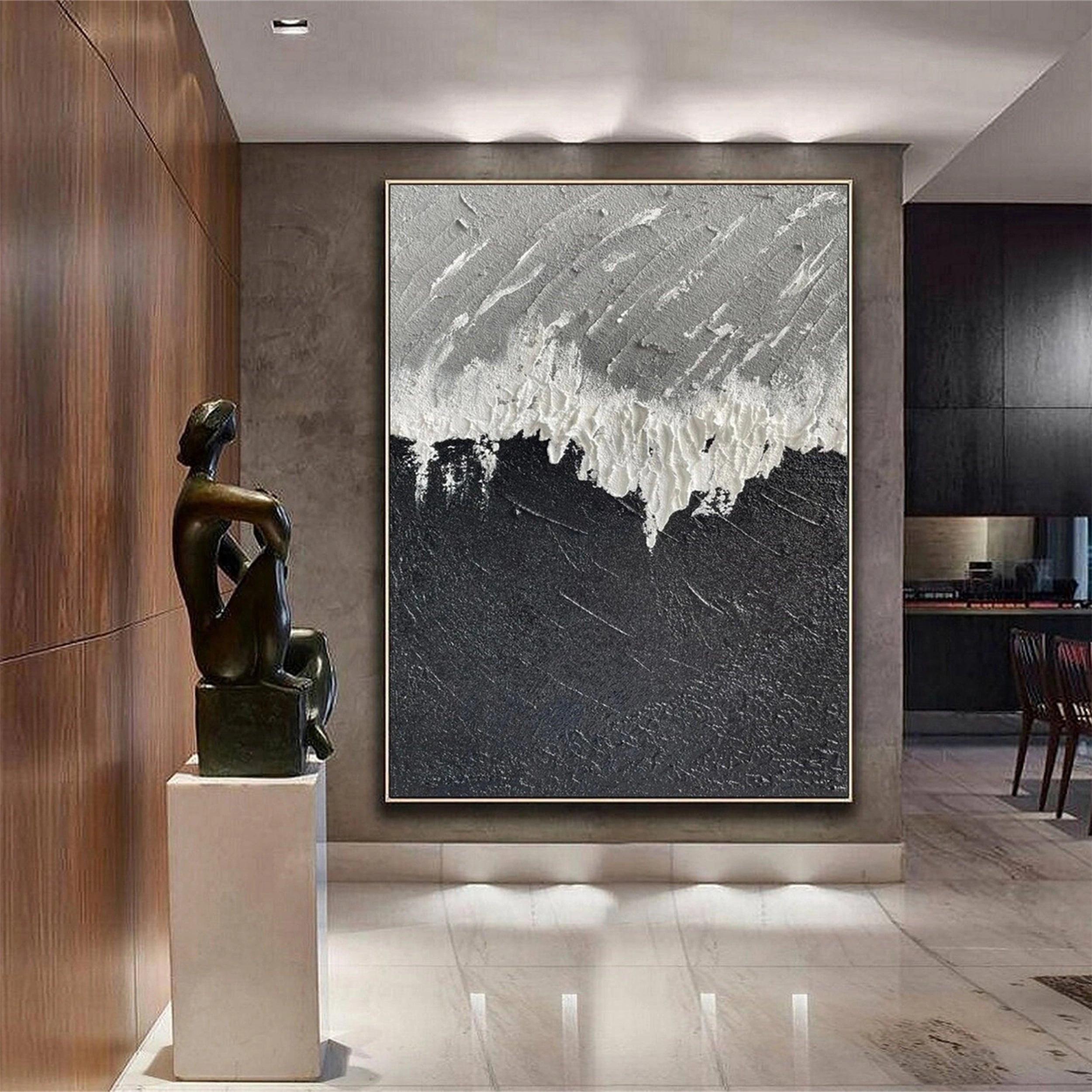 Large Textured Black and White Art | Abstract Vertical Painting