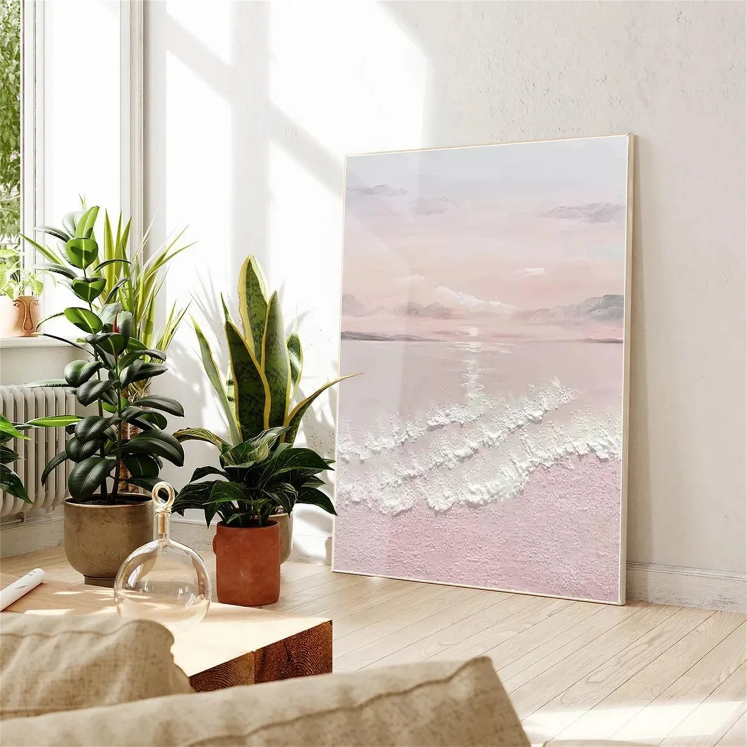 Large Wall Art Pink White Soft Waves Coastal -Handmade Abstract Art #JJ 222