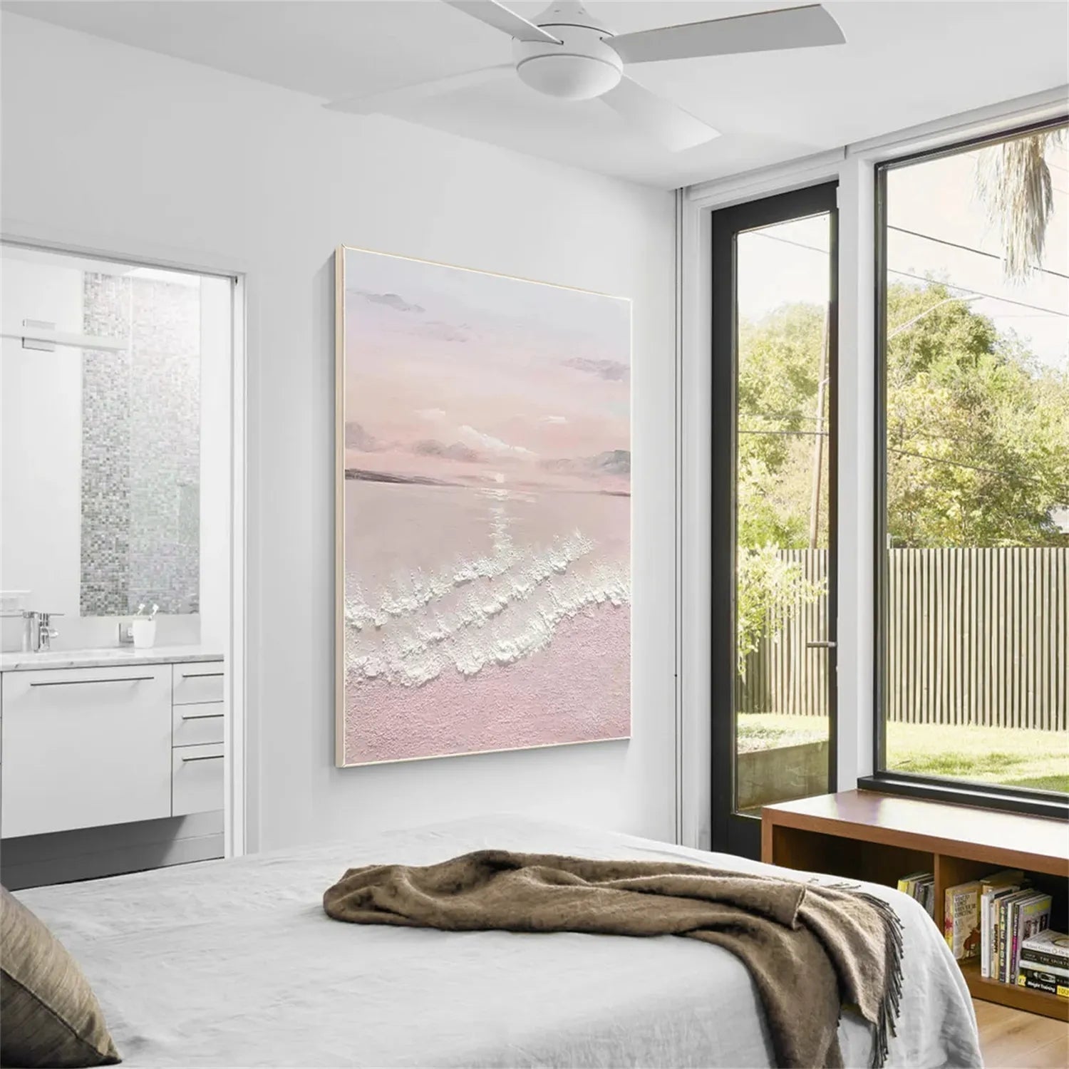 Large Wall Art Pink White Soft Waves Coastal -Handmade Abstract Art #JJ 222