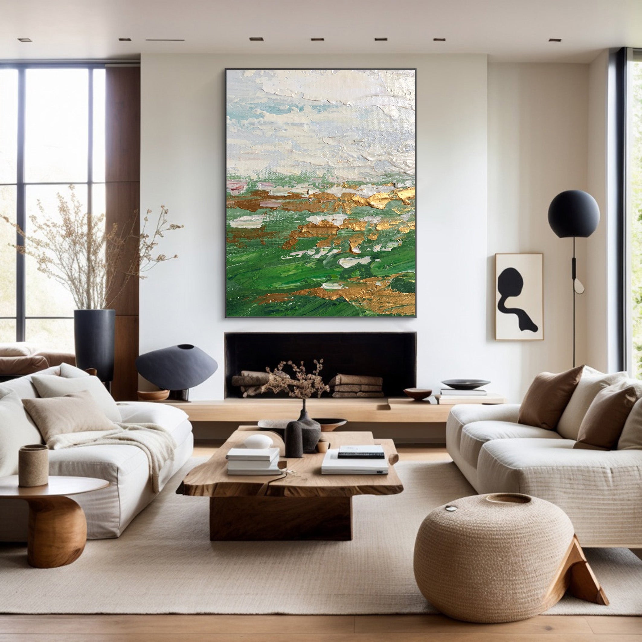 Green Gold and White Abstract Painting | Large Textured Landscape Art #JJ 069