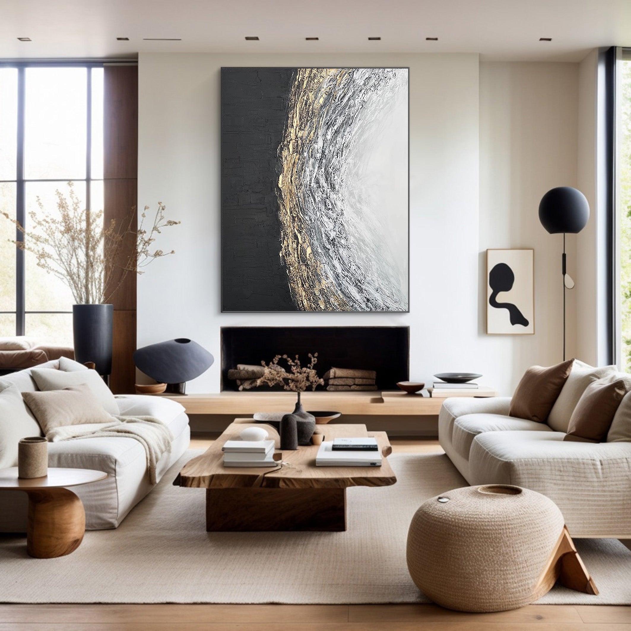Black White Gold Textured Abstract Oil Painting - Modern Art #JJ 063