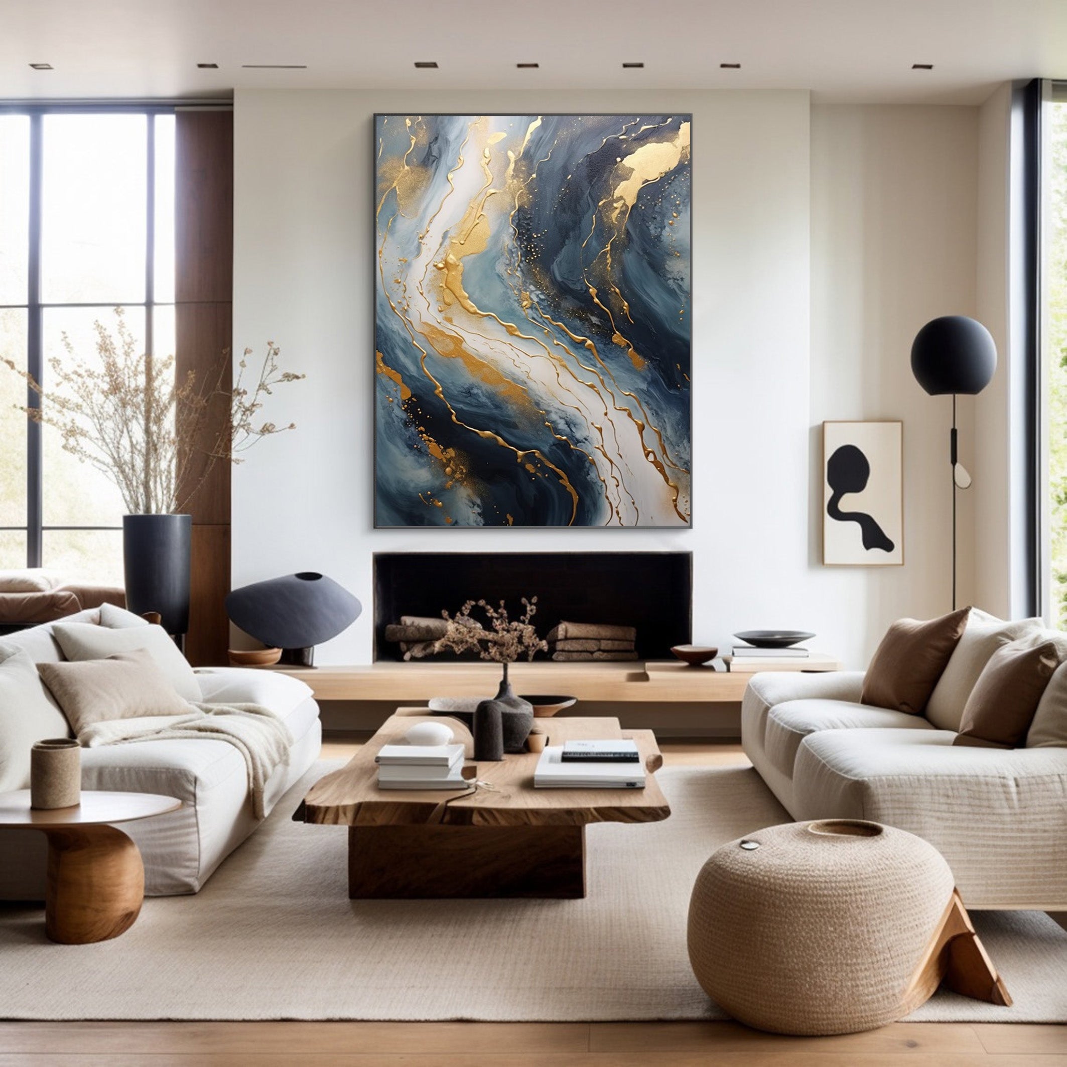 Abstract Gold and Blue Wall Art - Modern Canvas Painting #JJ 058