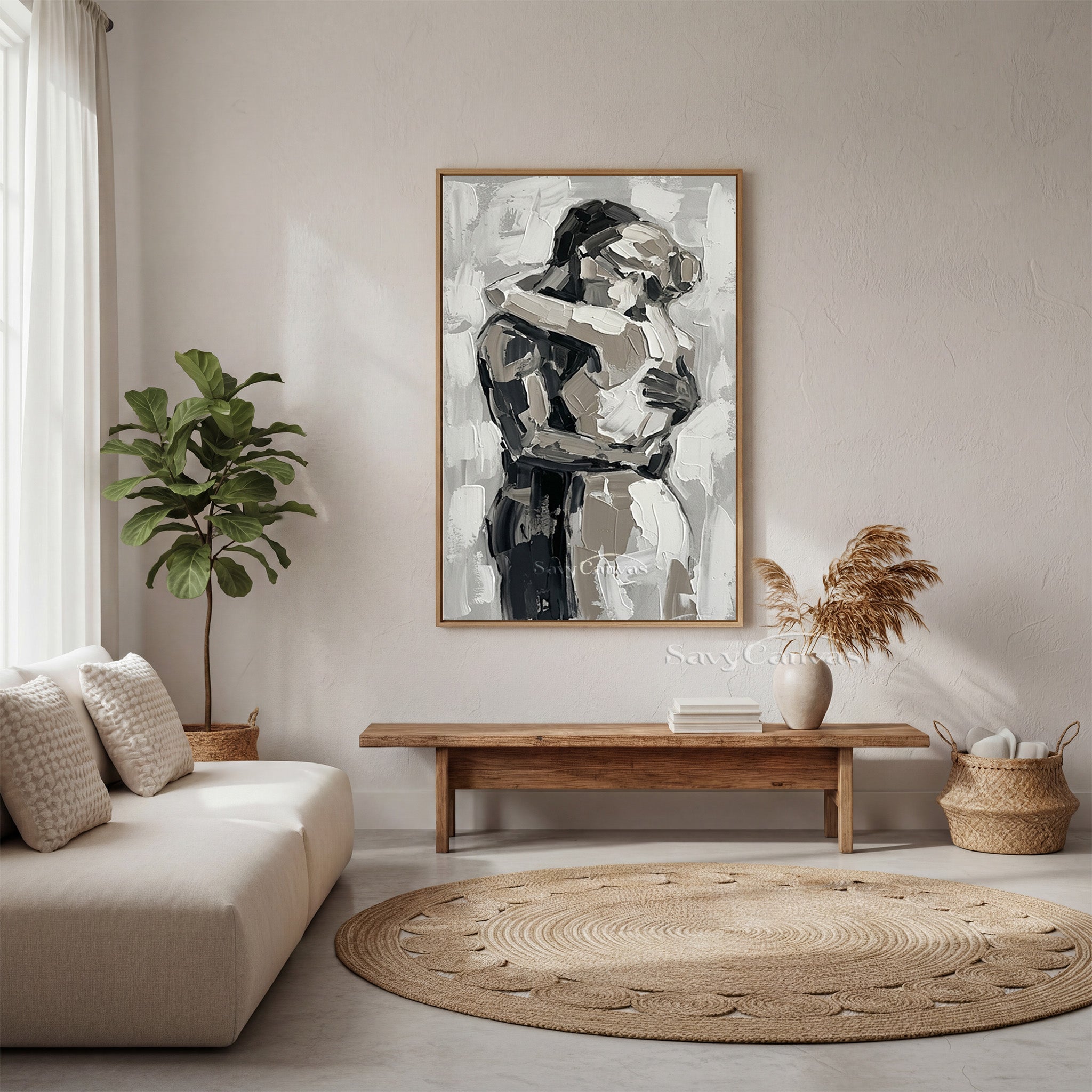 Abstract Lovers Hug Oil Painting - Modern Black & White Wall Art #SS 154