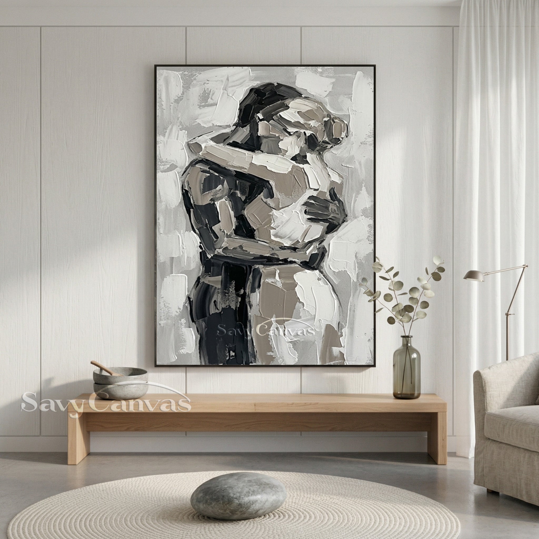 Abstract Lovers Hug Oil Painting - Modern Black & White Wall Art #SS 154