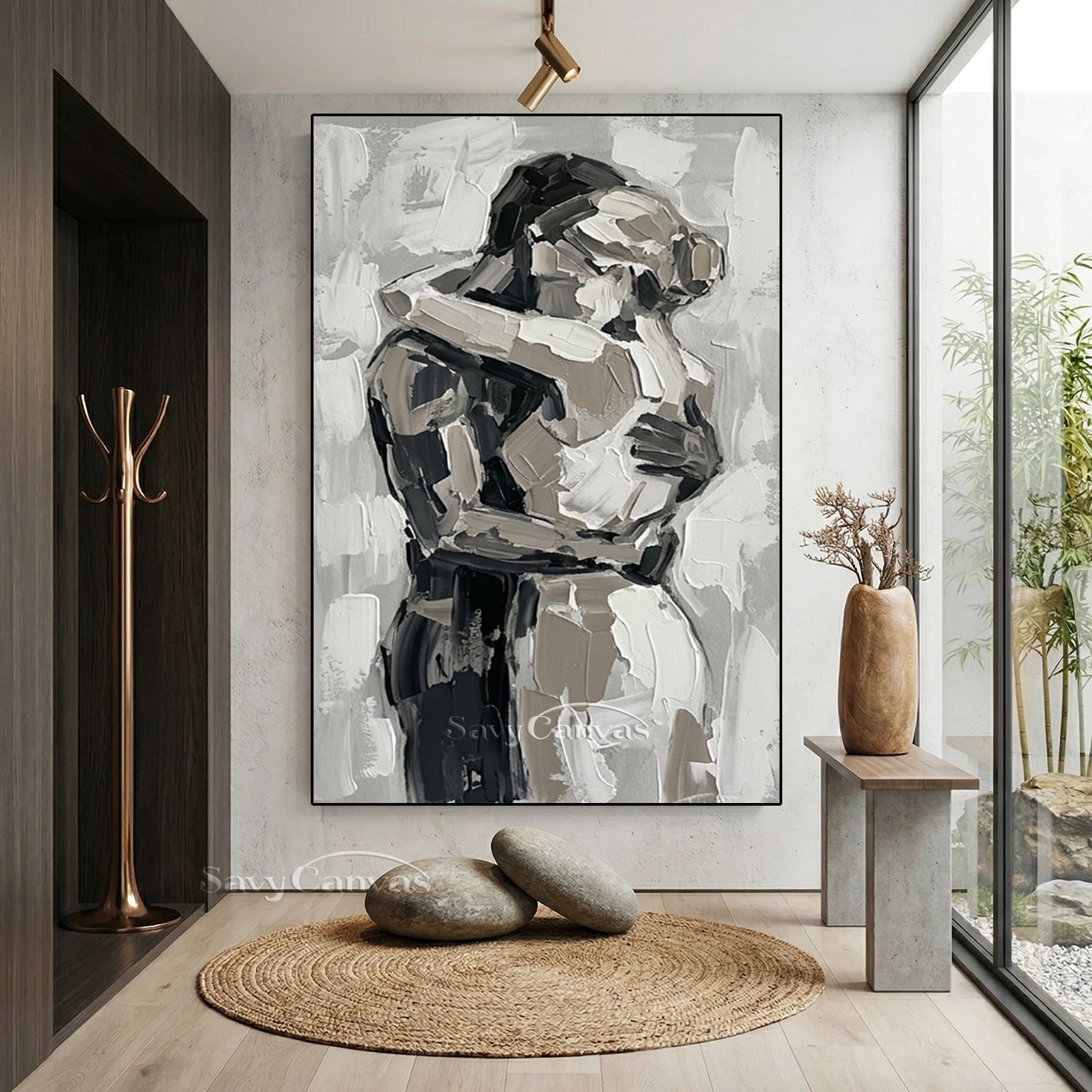 Abstract Lovers Hug Oil Painting - Modern Black & White Wall Art #SS 154
