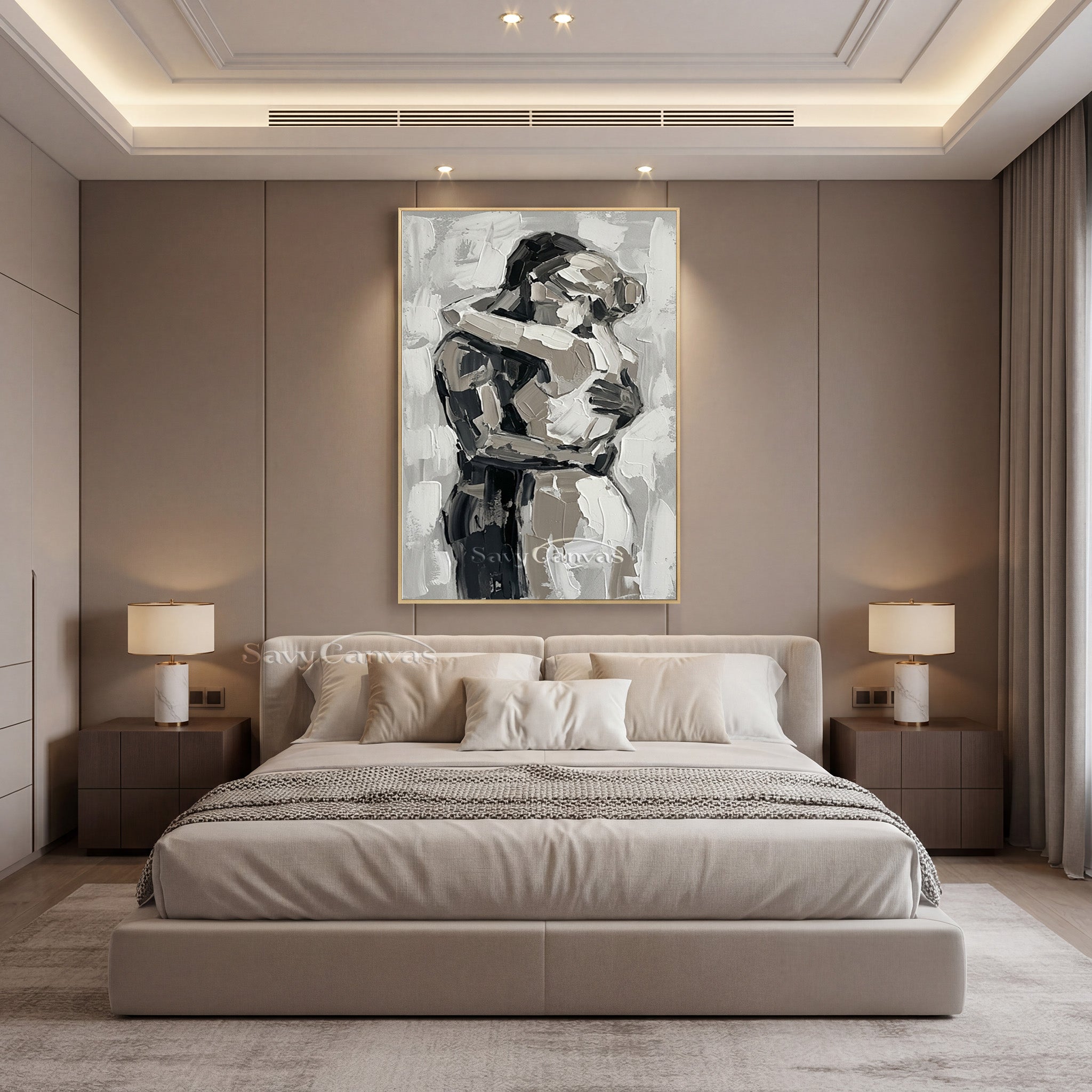 Abstract Lovers Hug Oil Painting - Modern Black & White Wall Art #SS 154