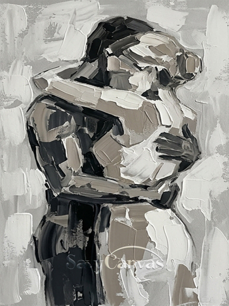 Abstract Lovers Hug Oil Painting - Modern Black & White Wall Art #SS 154