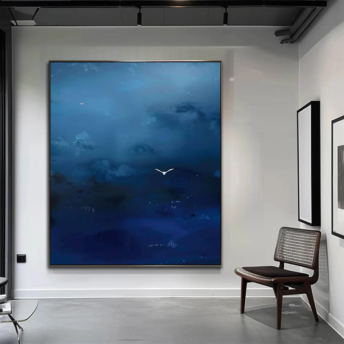 Deep Blue Abstract Oil Painting with Flying Birds Wall Art  #TC 028
