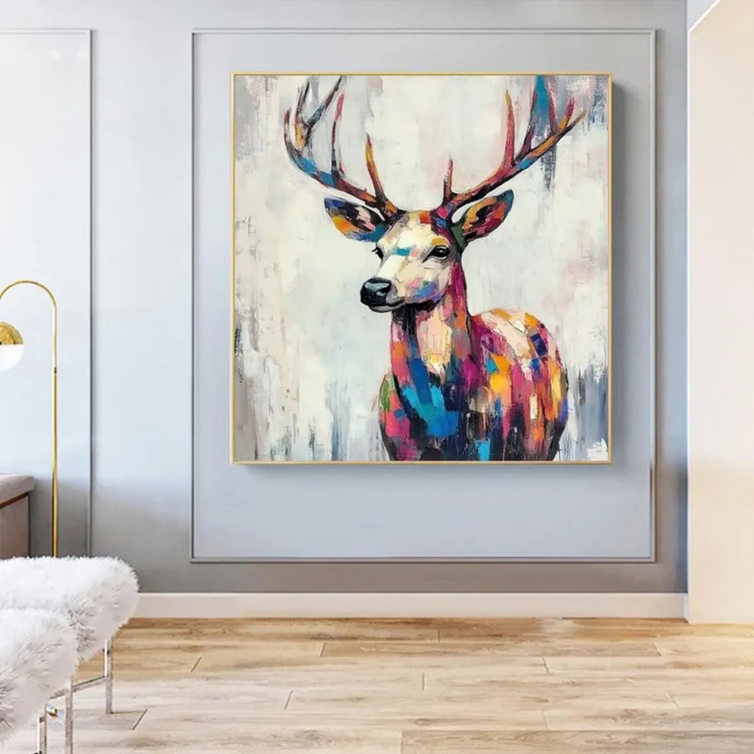 Large Abstract Deer Painting | Colorful Square Wall Art Decor Canvas