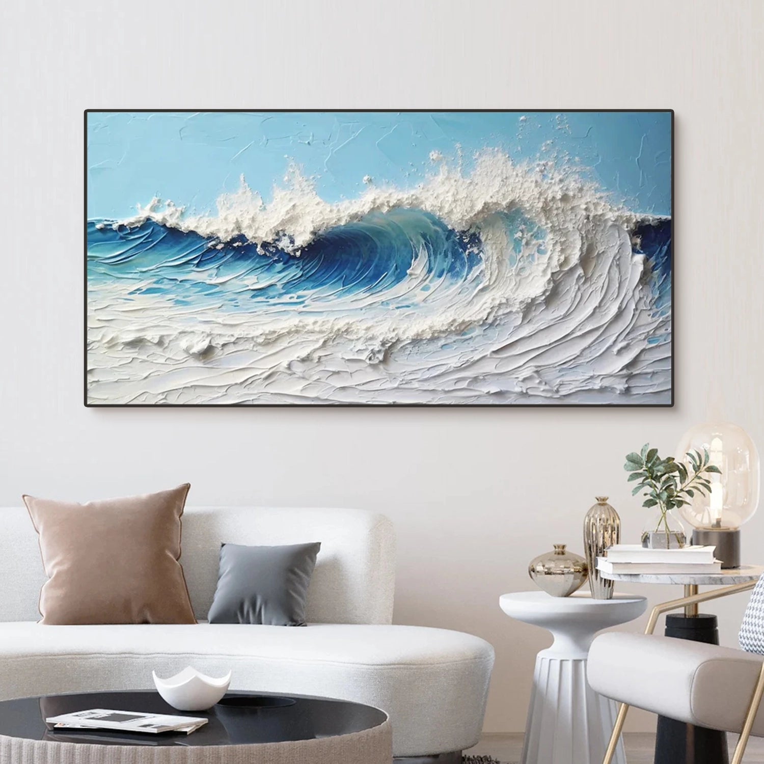 Large Abstract Wave Art | Horizontal Textured Ocean Canvas Decor