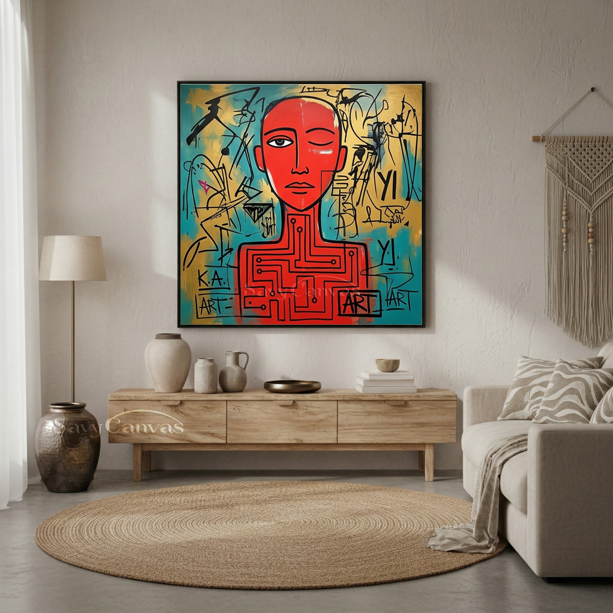 Red Neo-Expressionist Robot Portrait Canvas | Modern Street Art #SS 121