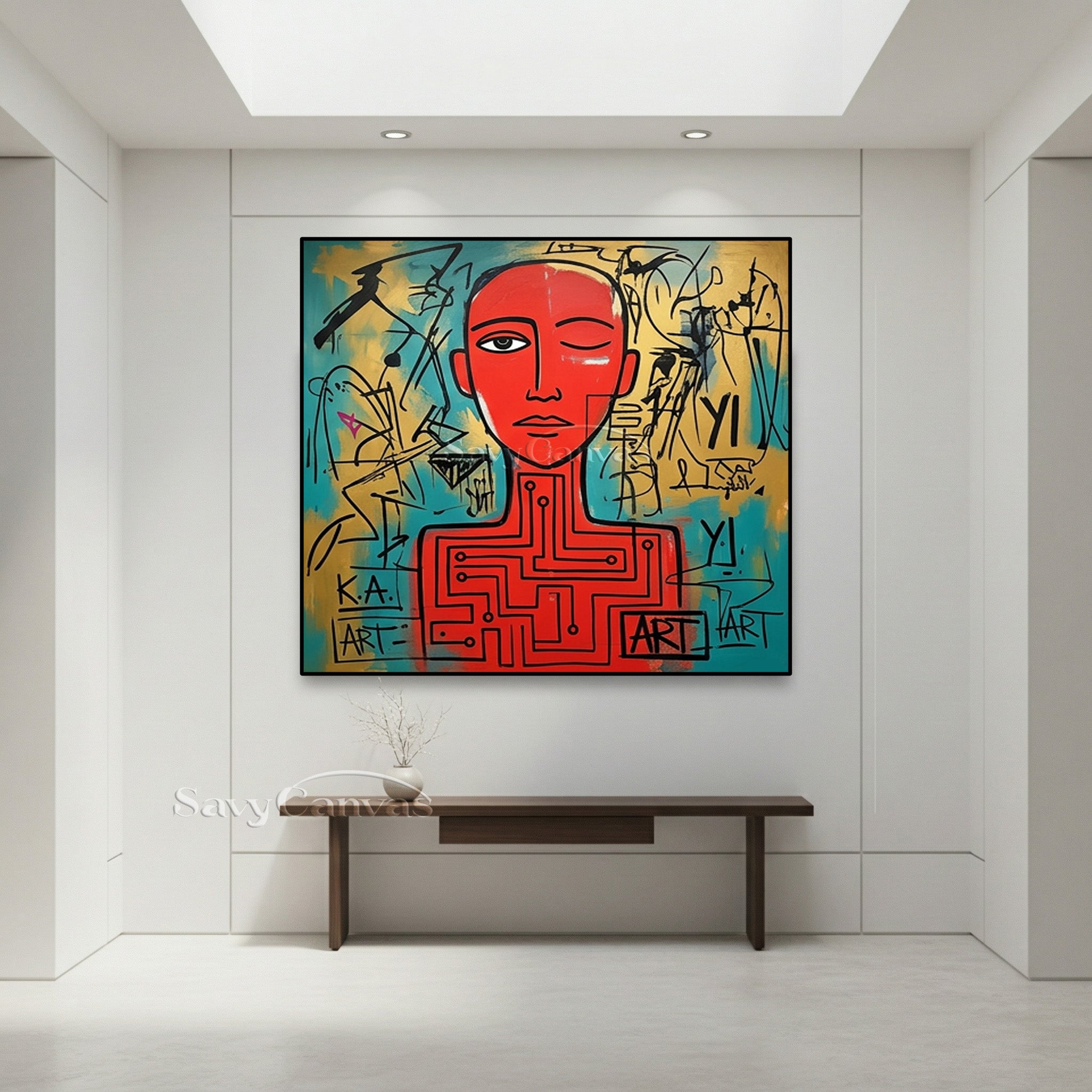 Red Neo-Expressionist Robot Portrait Canvas | Modern Street Art #SS 121