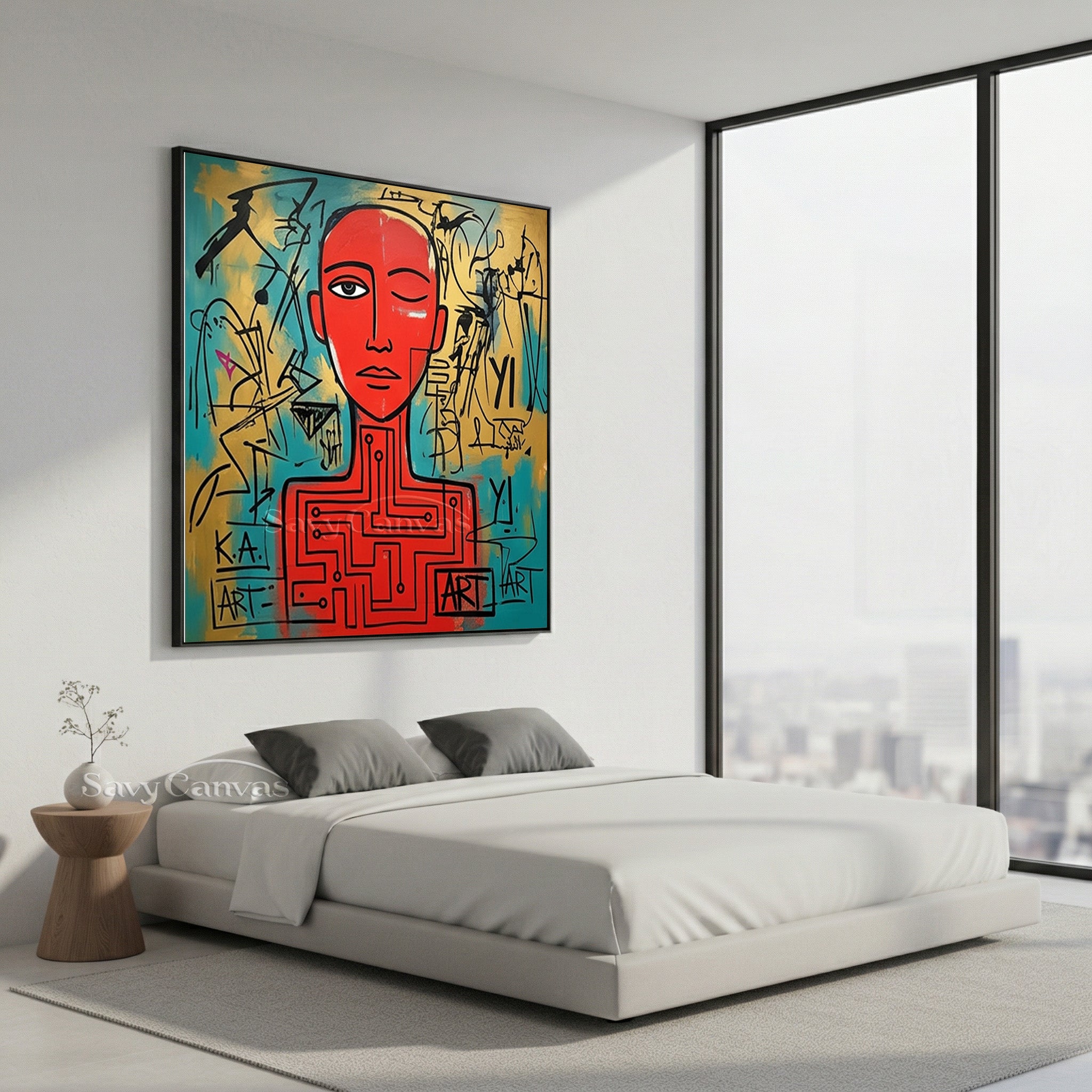 Red Neo-Expressionist Robot Portrait Canvas | Modern Street Art #SS 121