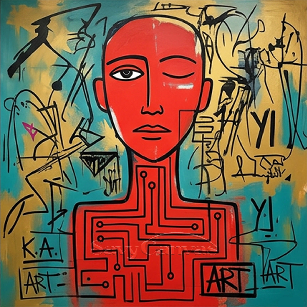 Cybernetic Human Circuitry Abstract Art - Hand-Painted Oil Painting