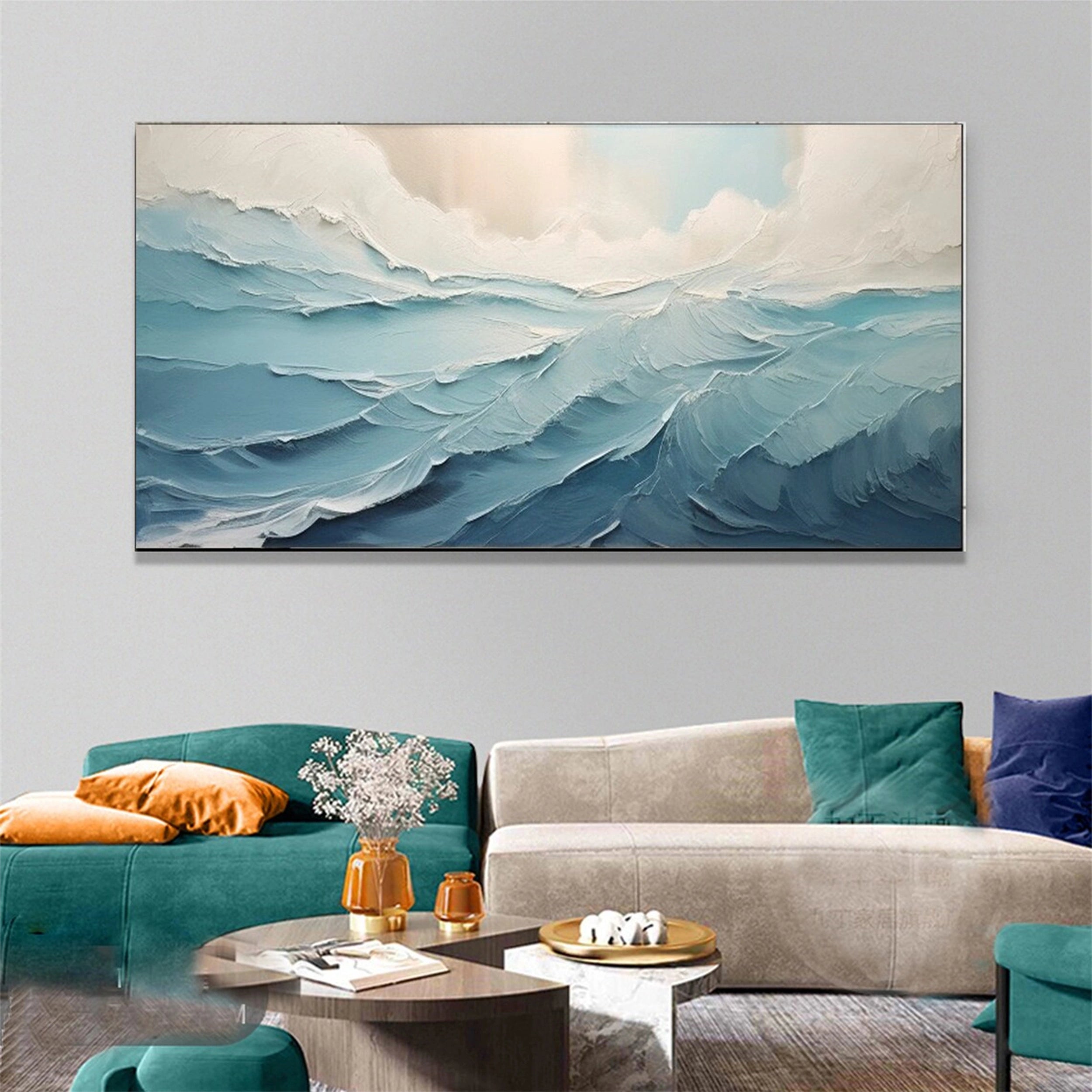 Large  Blue Sea Abstract Waves Painting Wall Art - Ocean Painting #JJ 241