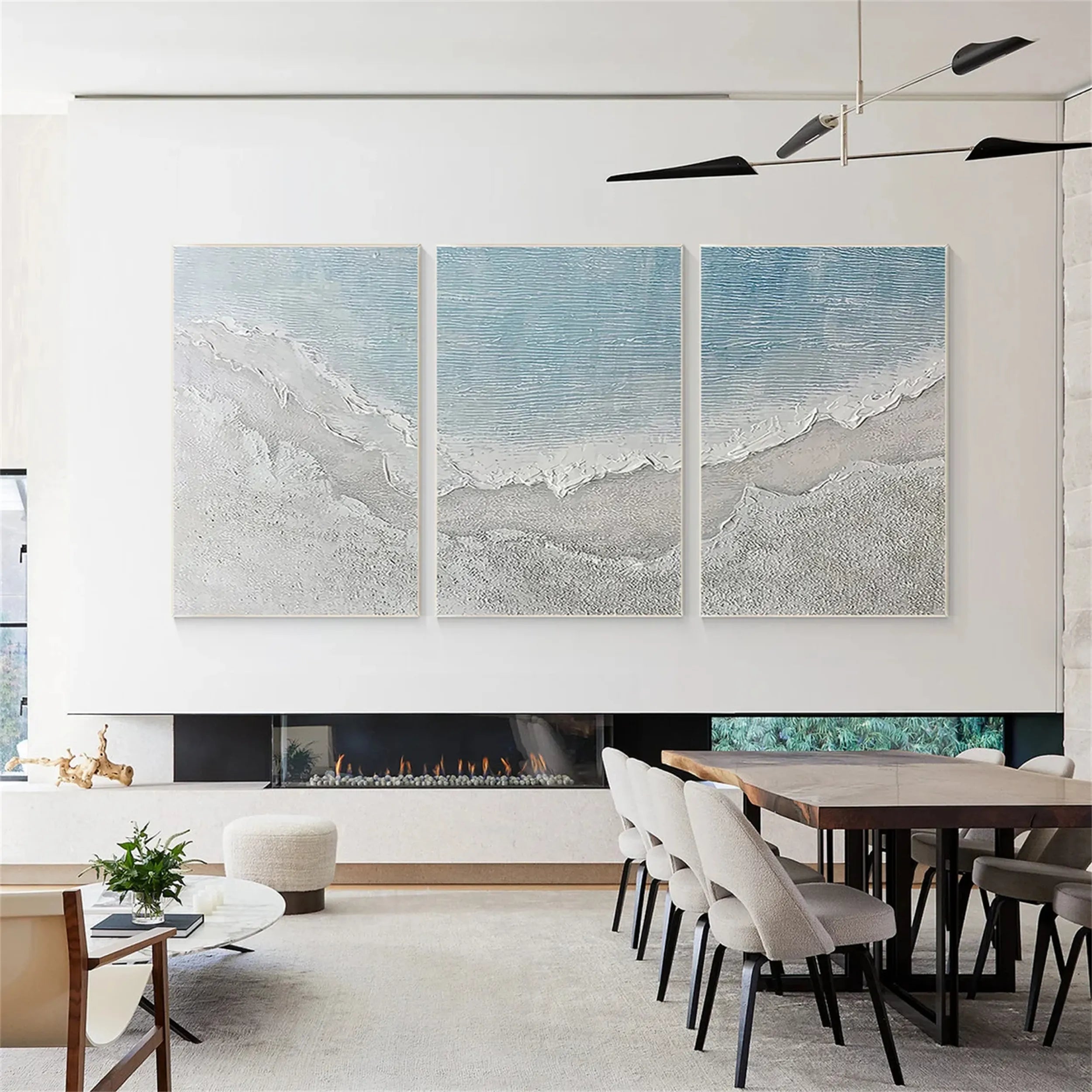 Large Abstract Textured Wall Art | 3 Panel White Beach Painting