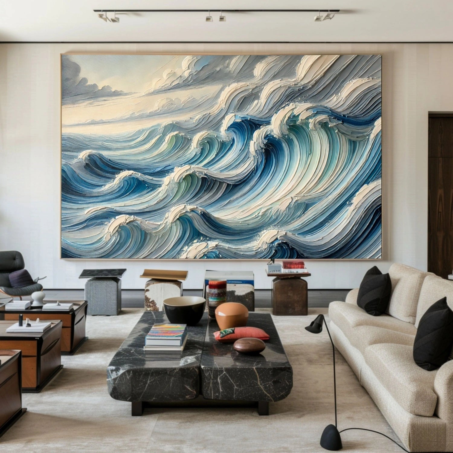 Large Horizontal Wave Abstract - Blue and White Textured Ocean Oil Painting