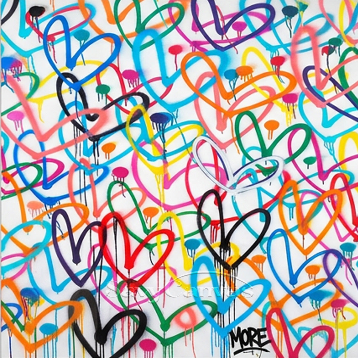 Hand-painted colorful graffiti hearts oil painting on white canvas