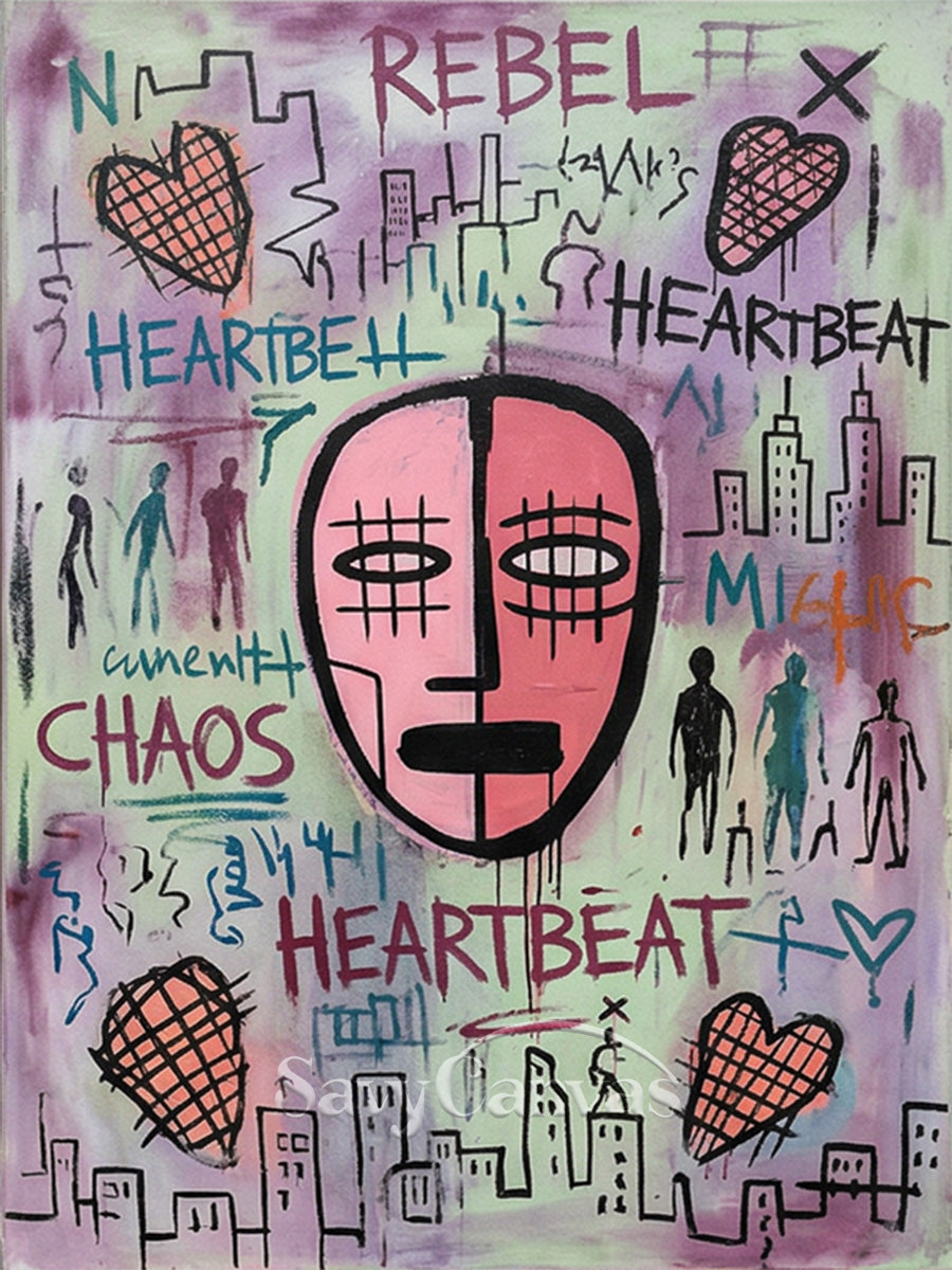 Basquiat Style Street Art Oil Painting | Chaos & Heartbeat Wall Art #SS 082