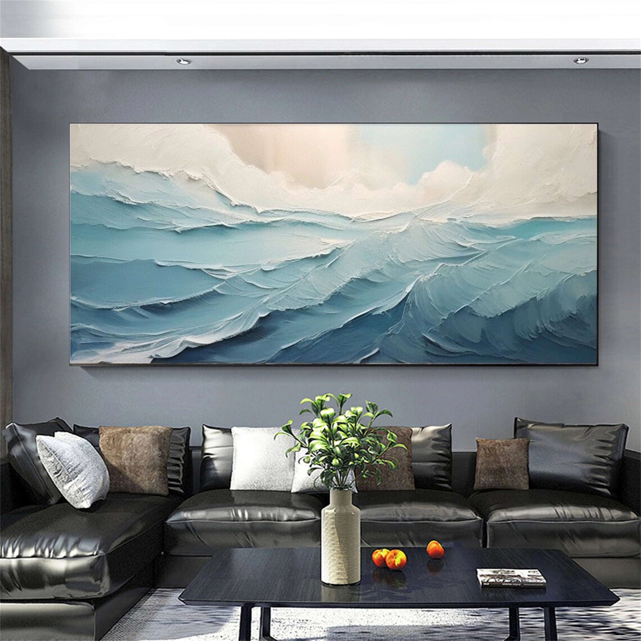 Large  Blue Sea Abstract Waves Painting Wall Art - Ocean Painting #JJ 241