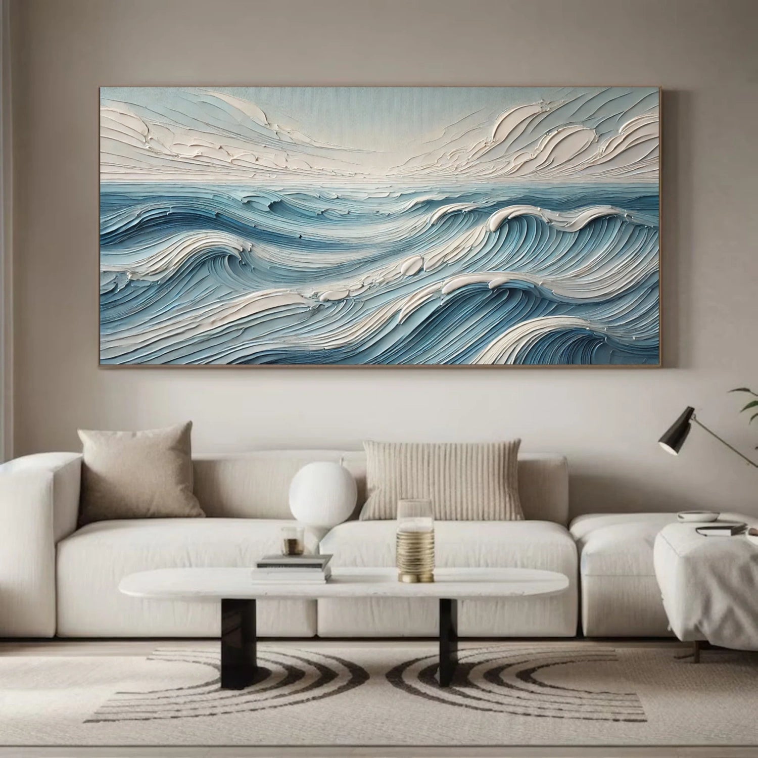 Wide Calm Ocean Wave Textured Abstract - Blue and White Minimalist Oil Painting #JJ 166