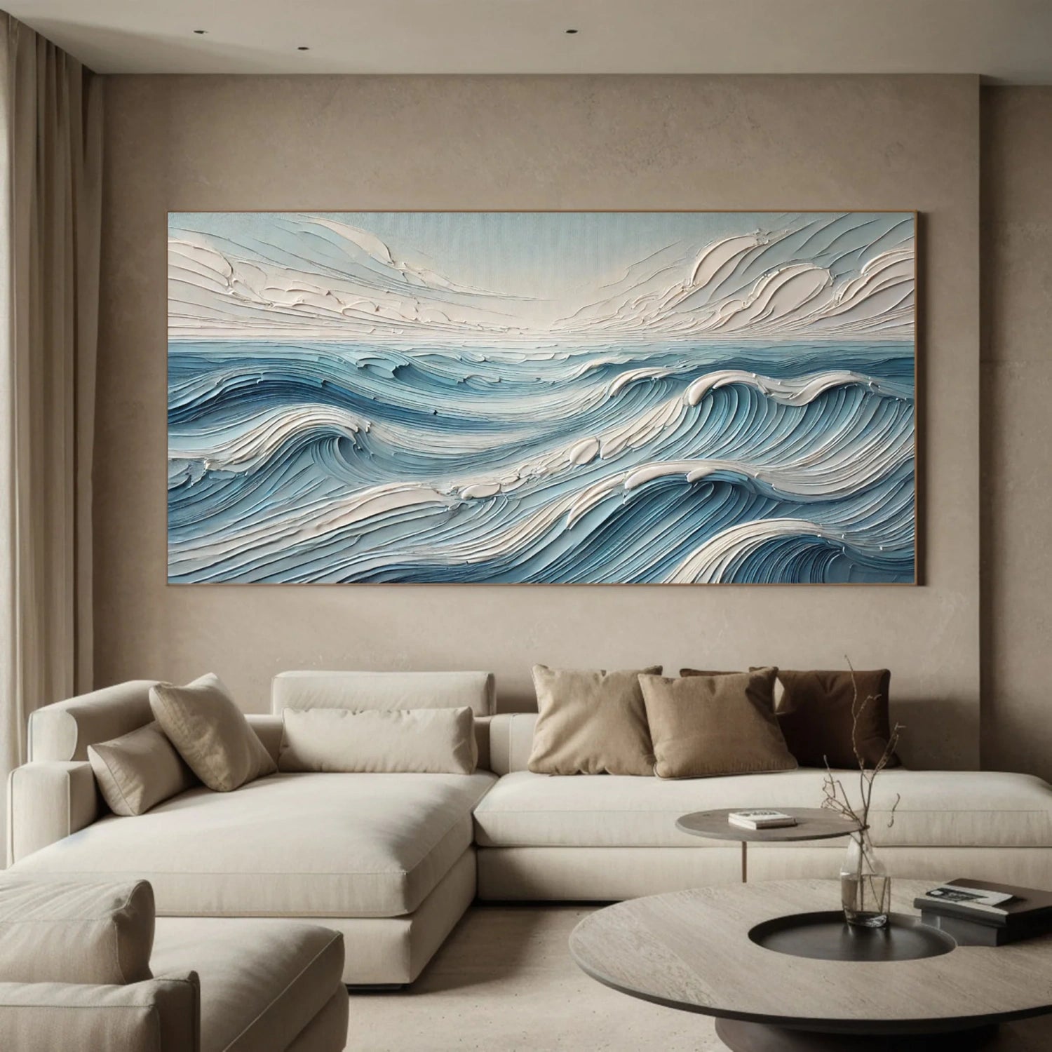 Wide Calm Ocean Wave Textured Abstract - Blue and White Minimalist Oil Painting #JJ 166
