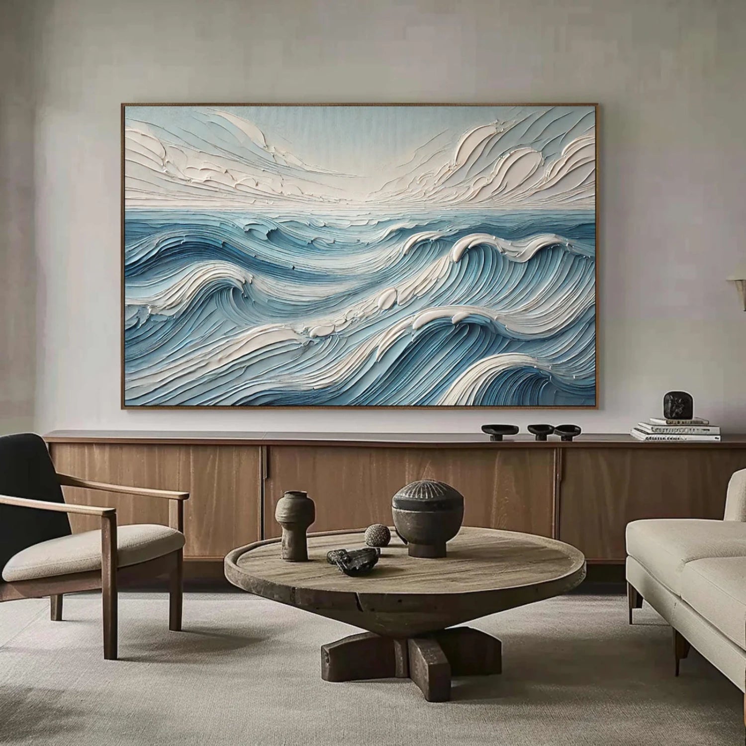 Wide Calm Ocean Wave Textured Abstract - Blue and White Minimalist Oil Painting #JJ 166