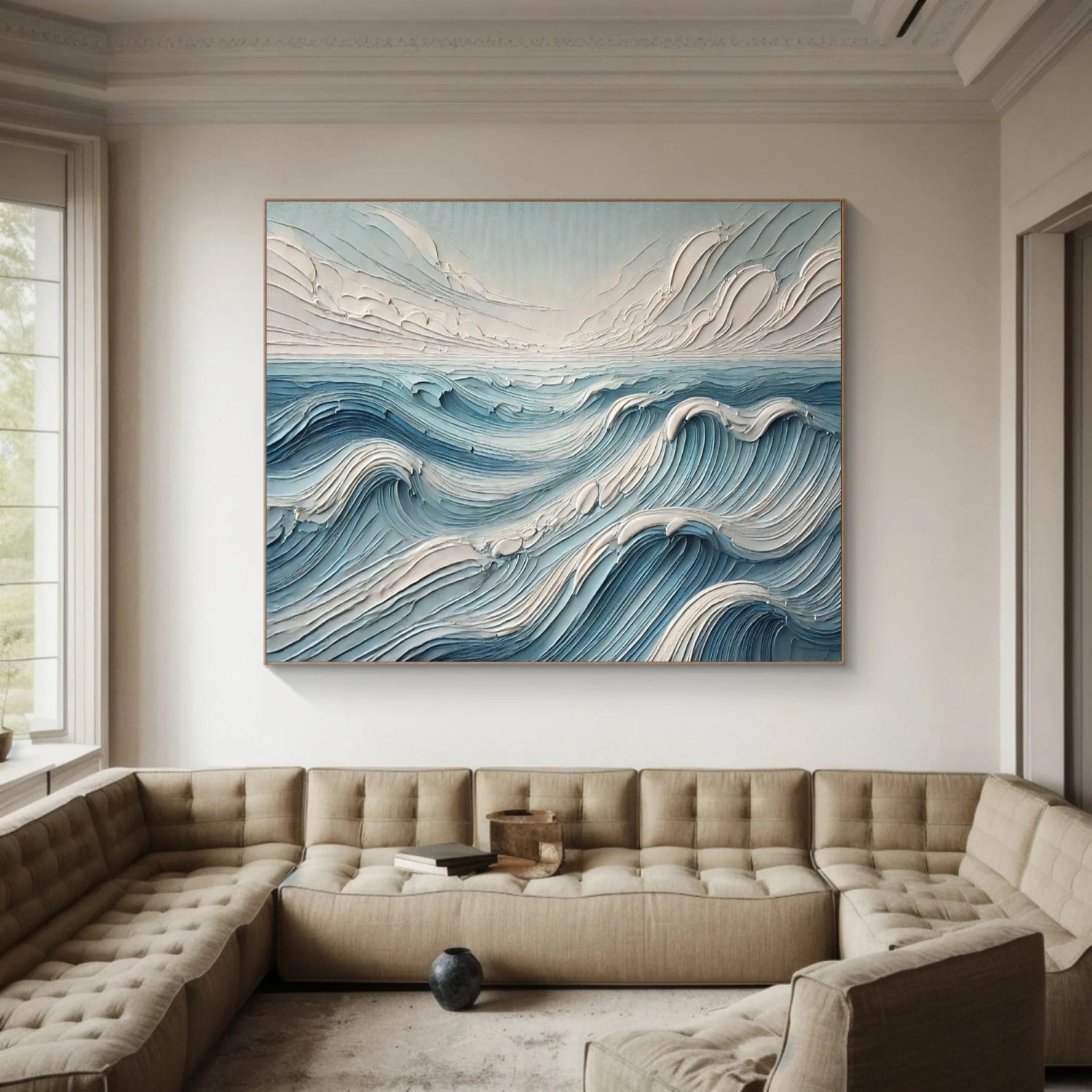 Wide Calm Ocean Wave Textured Abstract - Blue and White Minimalist Oil Painting #JJ 166