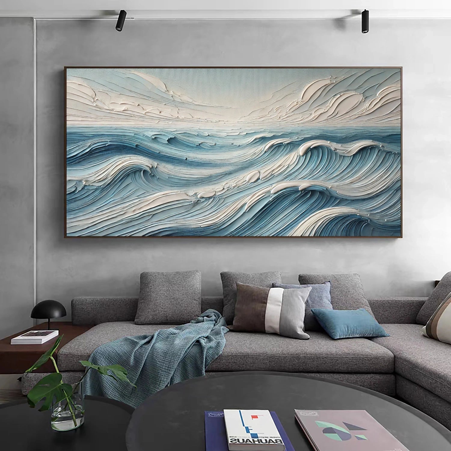 Modern Panoramic Blue Wave Textured Abstract Oil Painting - Ocean Art
